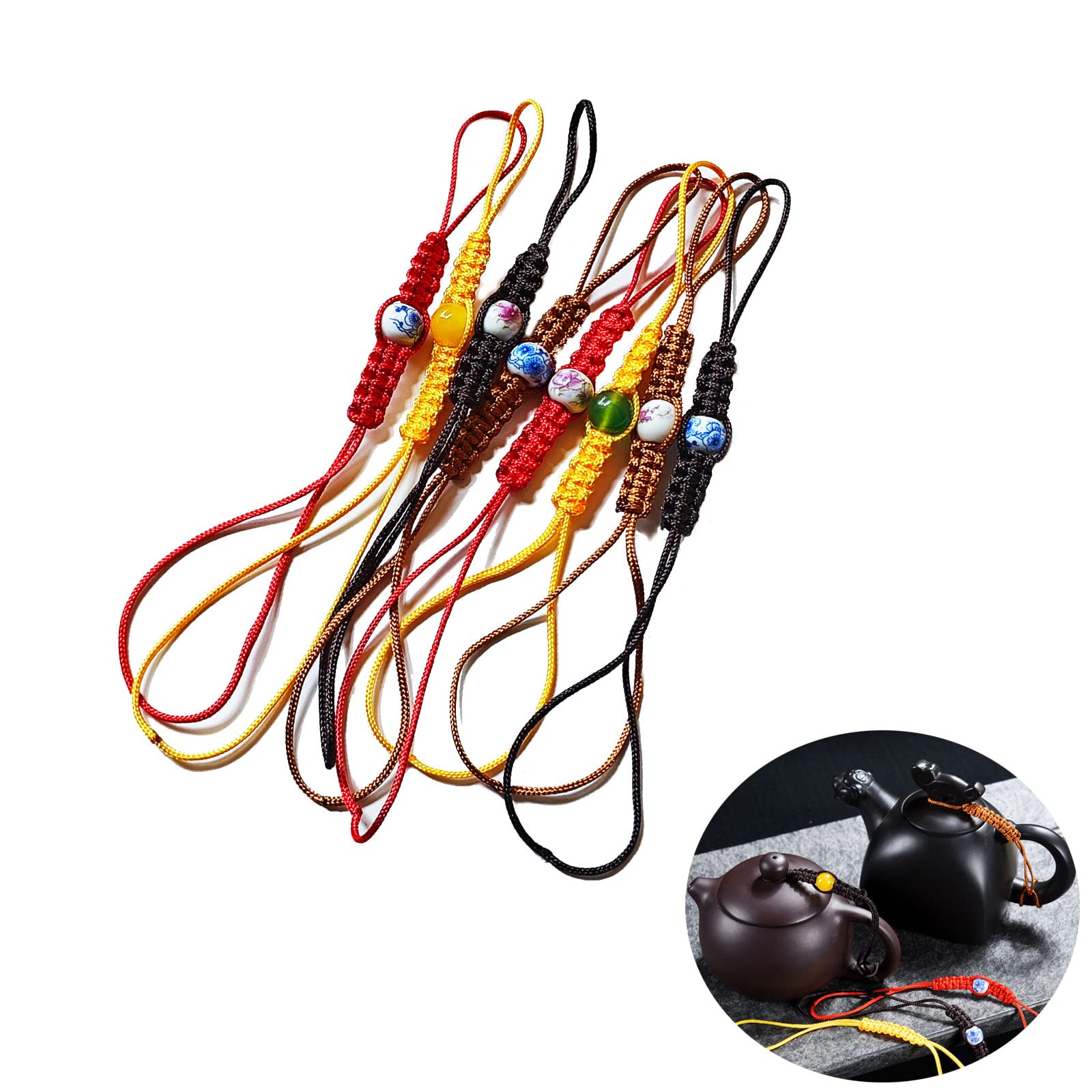 yiruiidea Handwoven tea pot rope, ceramic bead glass teapot cover rope, purple sand pot cover anti drop rope, tea cup rope, Kung Fu tea ceremony accessories 8pc