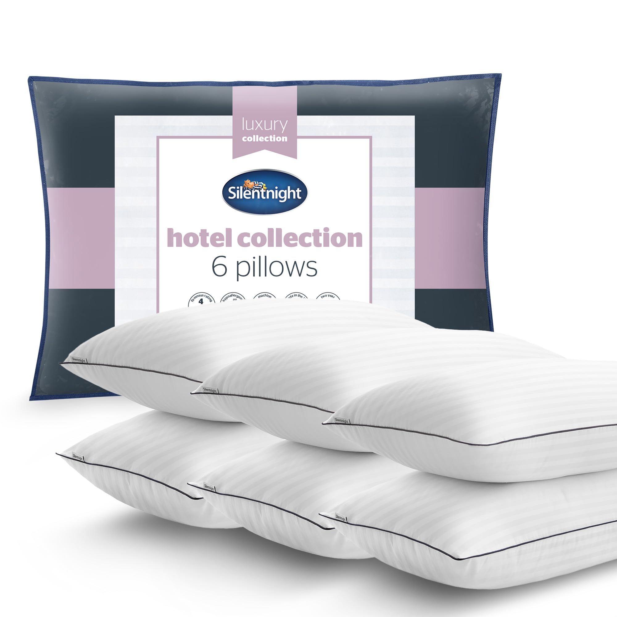 Silentnight Luxury Hotel Collection Piped Pillow - Hotel Quality Stylish Pillow Soft Medium Support for Back & Side Sleepers - Filled with Finest Fibres, Hypoallergenic and Machine Washable, Pack of 6
