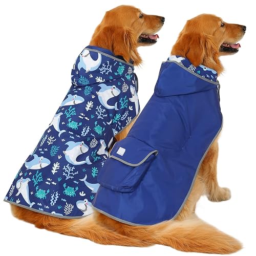 HDE - Impermeable reversible con capucha para perros pequeños, medianos y grandes, diseño de tiburones, XXL