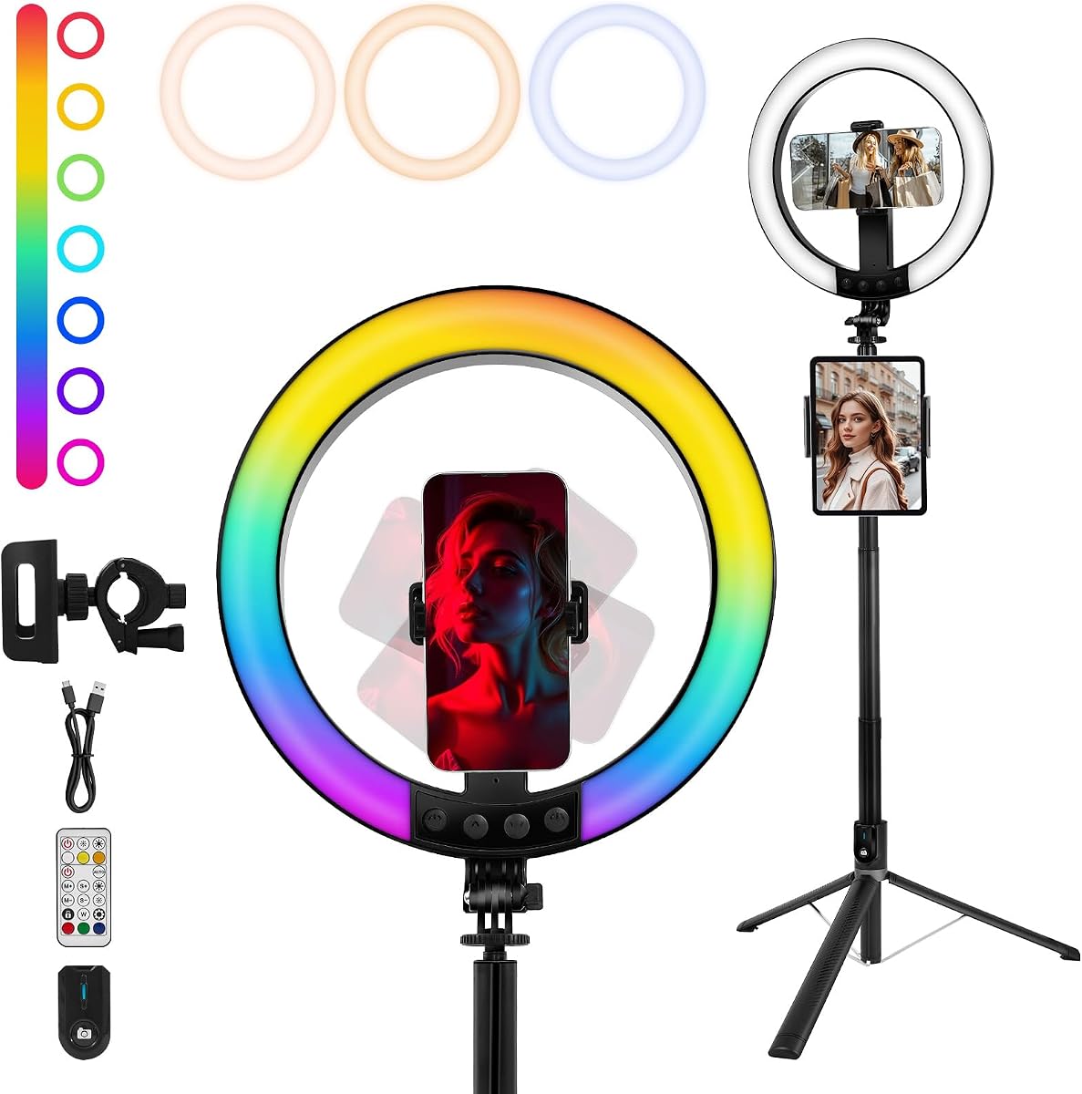 10" Selfie Ring Light with 74" Tripod Stand,Vlogging kit for iPhone | RGB Selfie Light with Extendable Tripod, Phone Holder, iPad Holder, Remote for iPhone & Android,TikTok/Makeup/Vlog