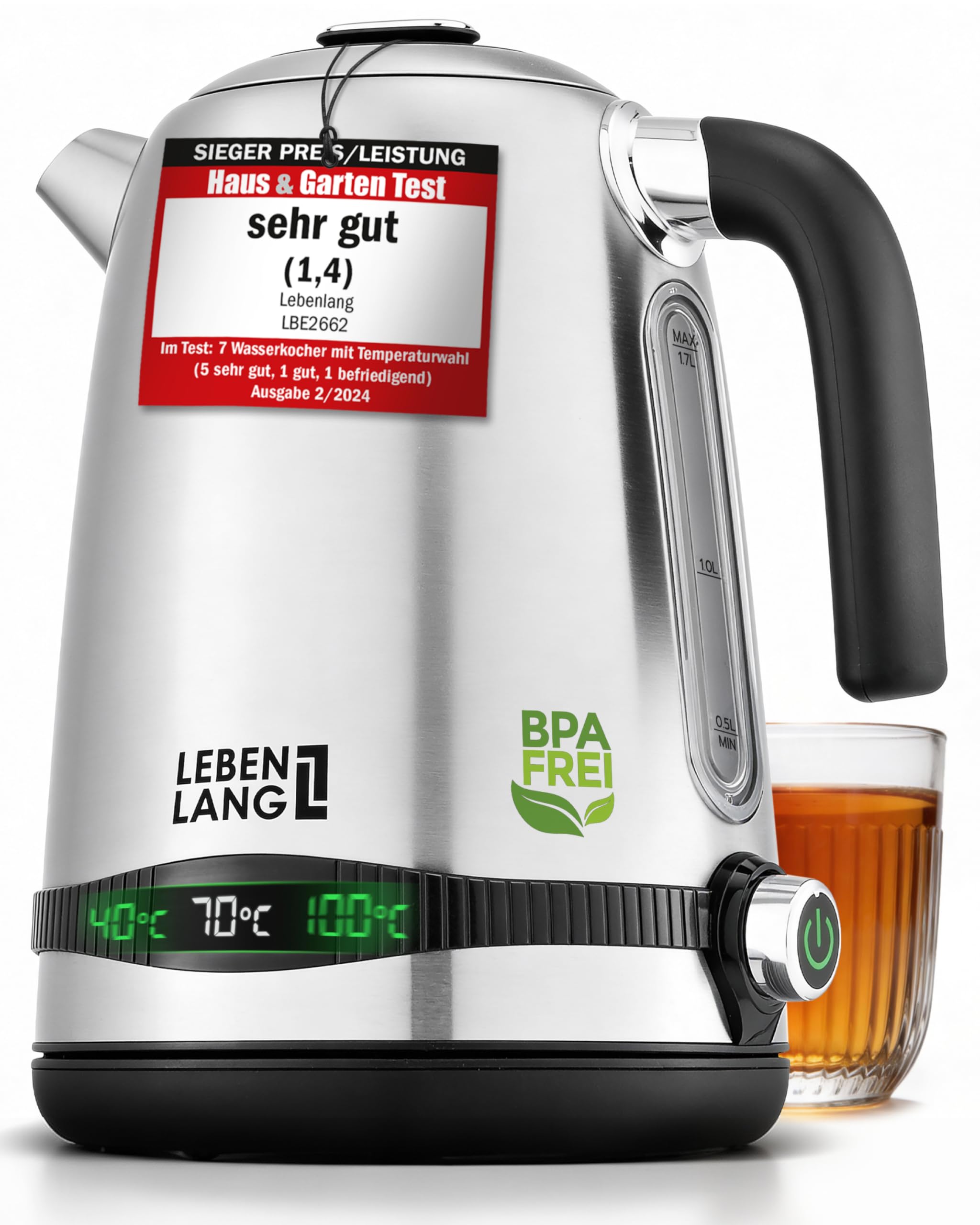 LEBENLANG Wasserkocher Edelstahl Temperatureinstellung – Leise, Temperaturanzeige & Warmhaltefunktion - 1,7 Liter & 2200W | Electric Kettle | Temperatur Edelstahl Wasserkocher Retro ohne Plastik