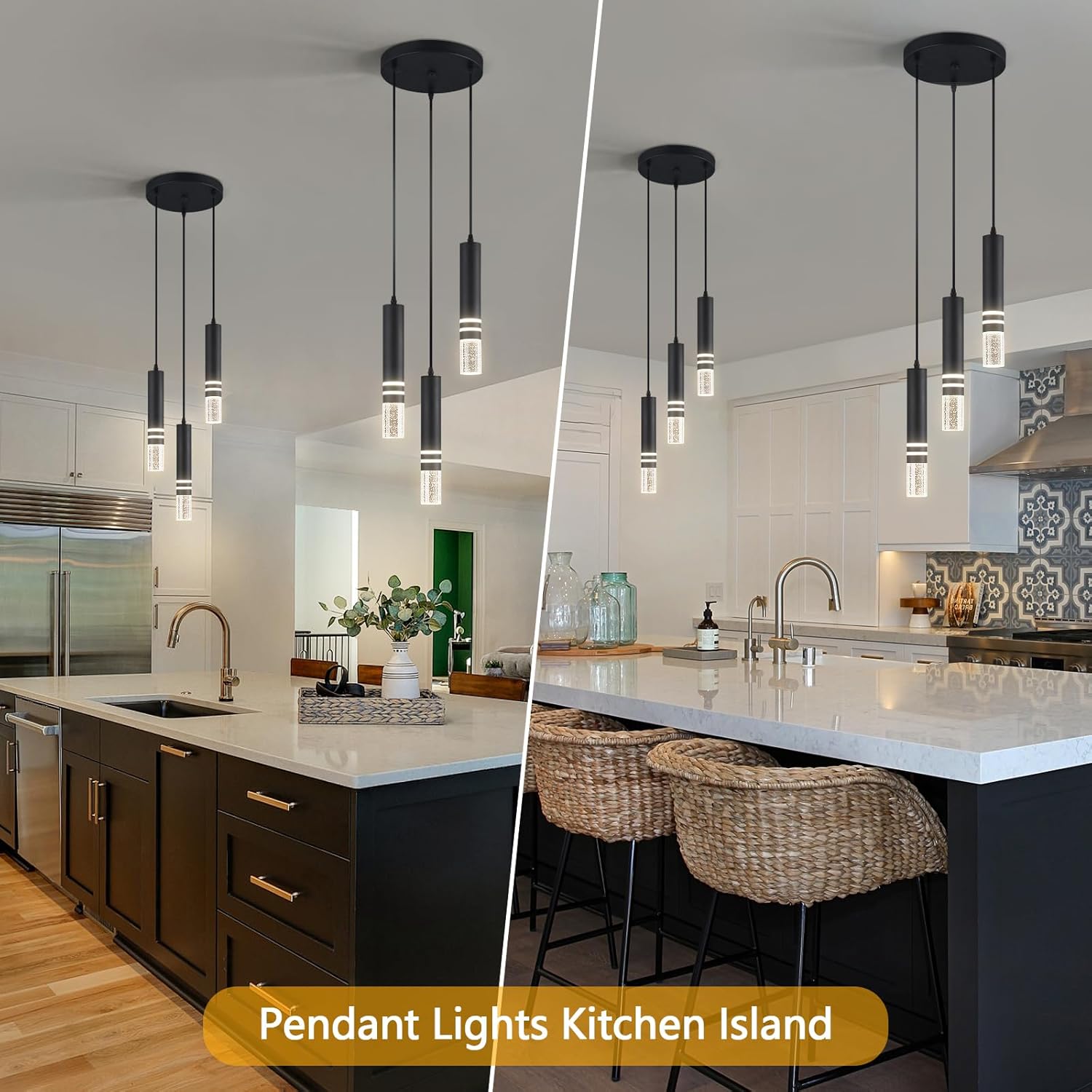 Pendant Lights Kitchen Island, Crystal Pendant Light Fixtures Mini 18W LED Modern Kitchen Pendant Lighting Over Sink and Living Room and Bedroom (Black 3 Light)