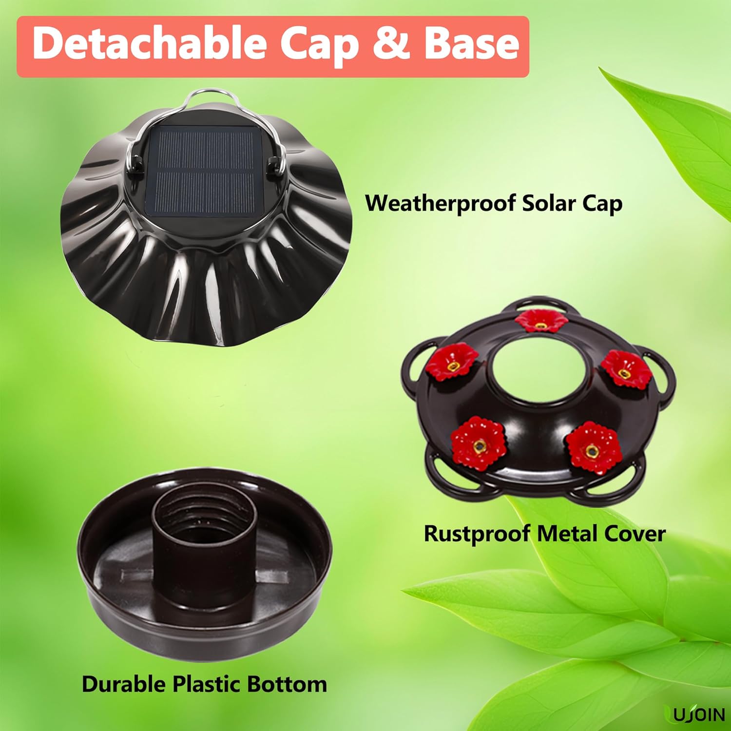 Solar Hummingbird Feeder for Outdoors Hanging, Lighted Hand Blown Glass with 9 Modes RGB Lights, 28 fl.oz, Leak Proof & Rustproof, Metal Cover with 5 Feeding Ports, Spiral Shaped, Red