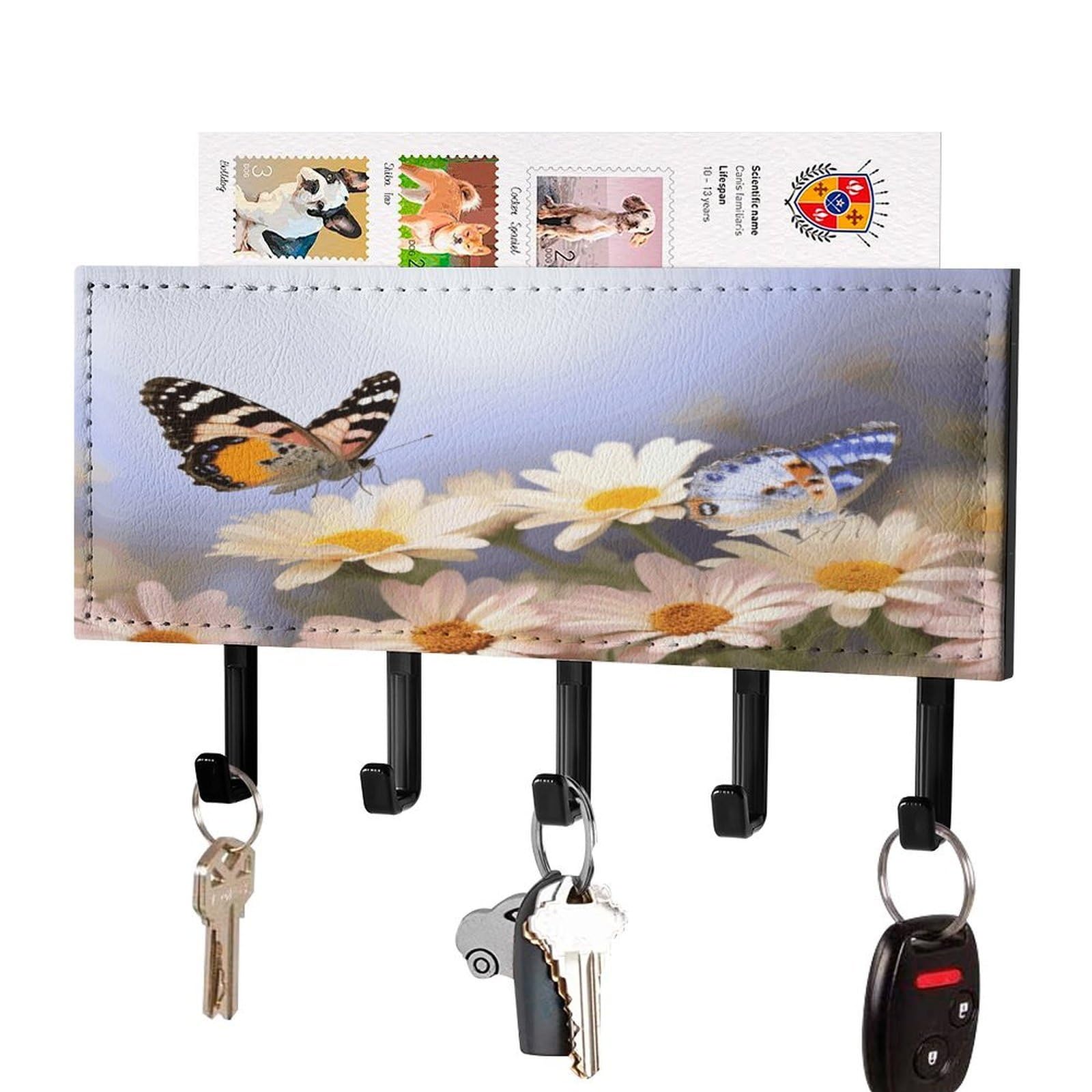 FekiLoot Butterfly Daisy Key Holder Wall Mount Key Hooks for Wall Decorative with 5 Hooks PU Mail Rack Organizer with Shelf for Entryway Mudroom Hallway Office 7.1X4.3 in
