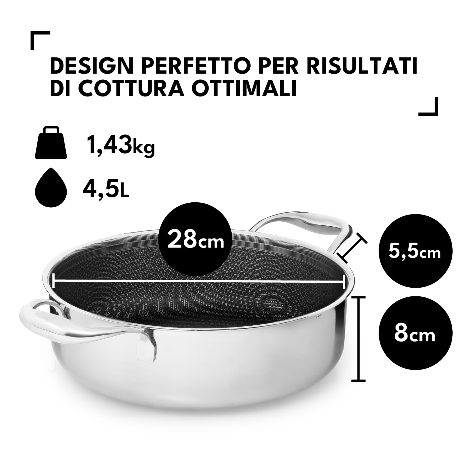Onyx Cookware Padella per stufato, 28 cm, 4,5 l, con bordo alto, per cottura a induzione, per tutti i piani cottura, superficie antiaderente antigraffio, 3 strati di acciaio inox/alluminio