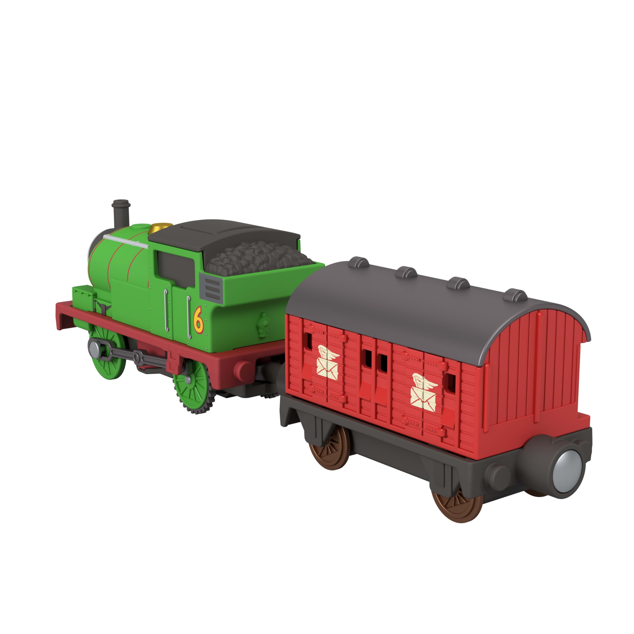 Fisher-Price Thomas i Przyjaciele Percy i wagon pocztowy | Zasilana bateriami lokomotywa i wagon towarowy dla przedszkolaków, klasyczna postać z serii kolejowej, JLL46