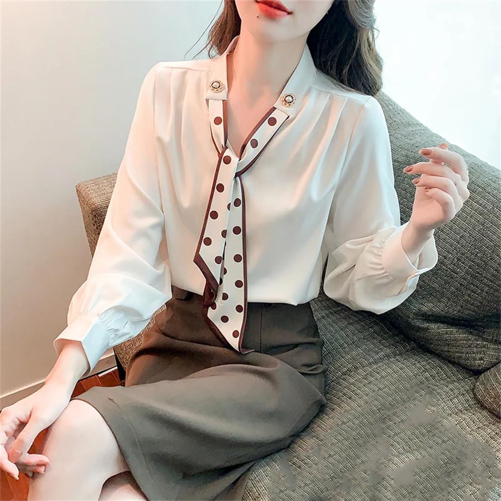 Camicetta da donna bianca con scollo a V, a maniche lunghe, in chiffon, per lavoro, ufficio, lavoro