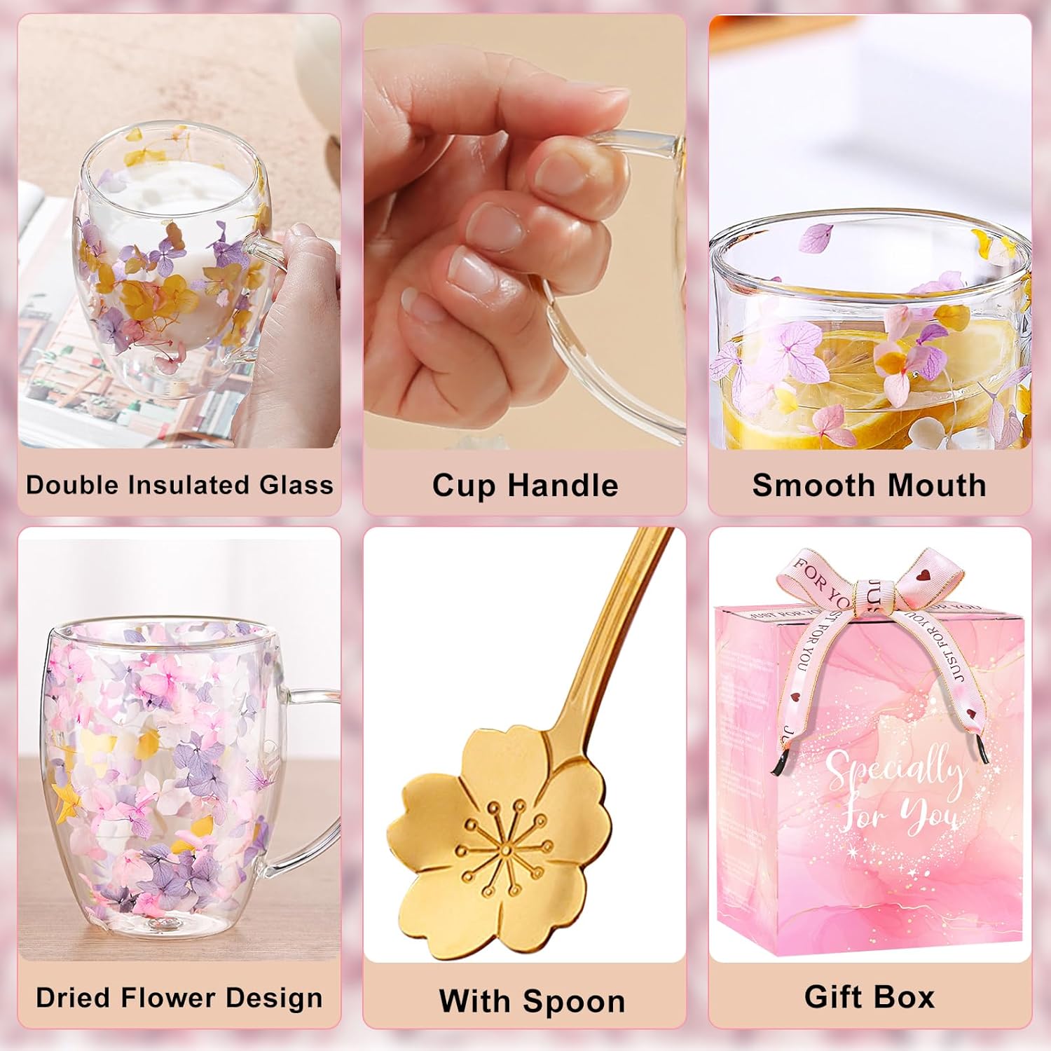 Double Wall Glass Coffee Mugs, Aesthetic Dried Flowers Cups with Handles,Espresso Cups for Cappuccino Coffee Tea Milk,Insulated Heat Resistant Glass Mug Christmas Birthday Gifts for Women - Image 6