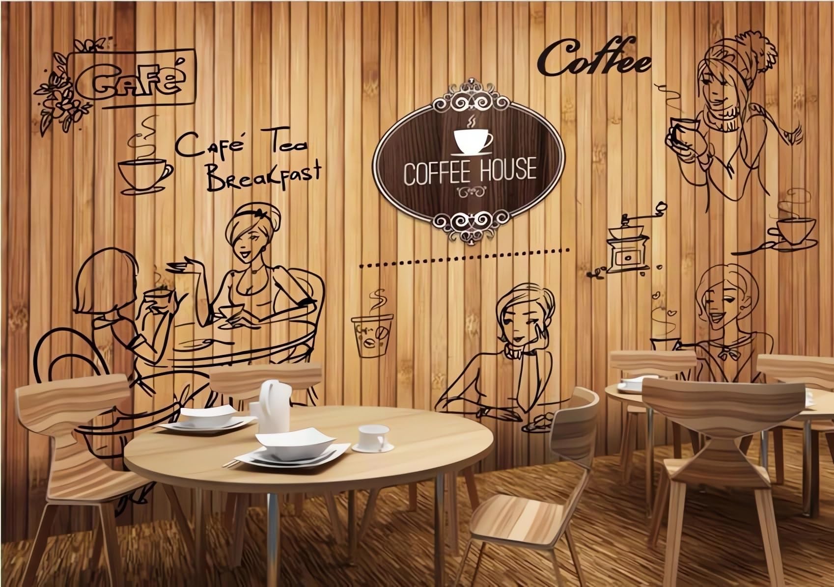 Papier peint vintage en bois avec outillage pour décoration café style rétro 250x175 cm