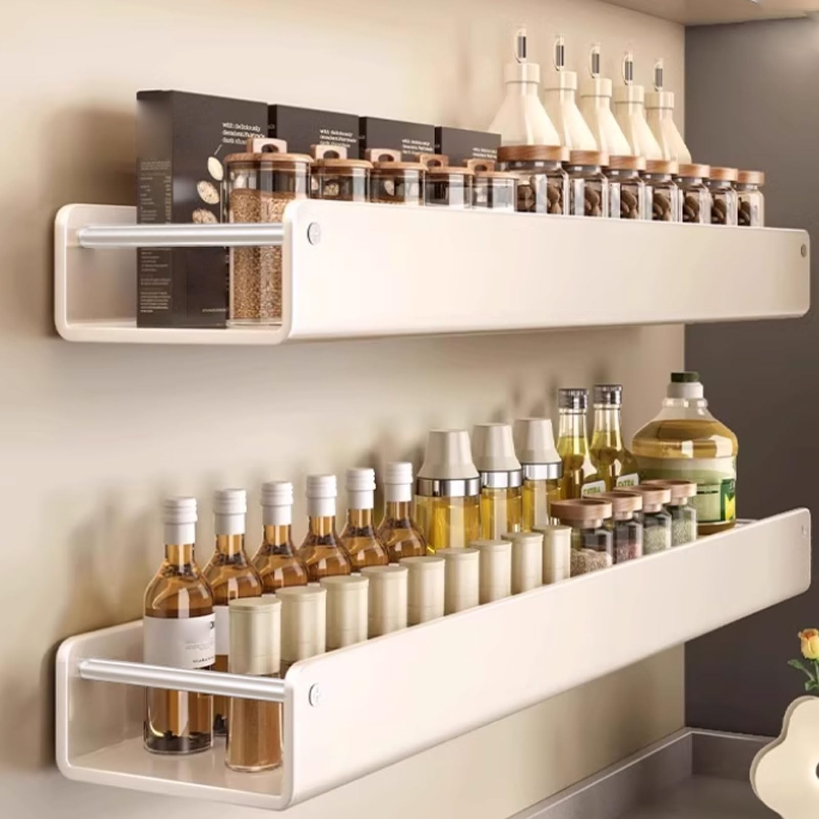 Organizador de especias montado en la pared, estante de almacenamiento de 2 niveles para cocina y baño, estante versátil de despensa para condimentos y cosméticos