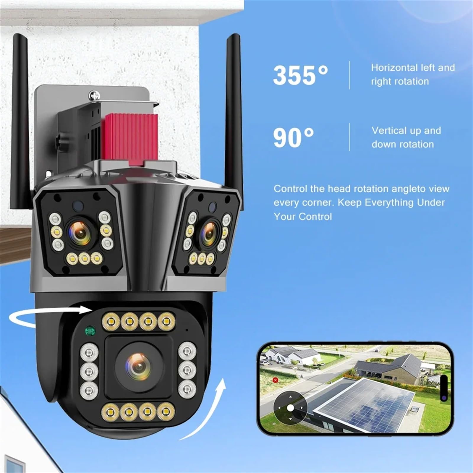 Kamera bezpieczeństwa, Kamera IP 12MP HD na zewnątrz cztery obiektywy trzyekranowa kamera PTZ 4MP ochrona bezpieczeństwa CCTV kolor noktowizor(12MP add 32G Card)