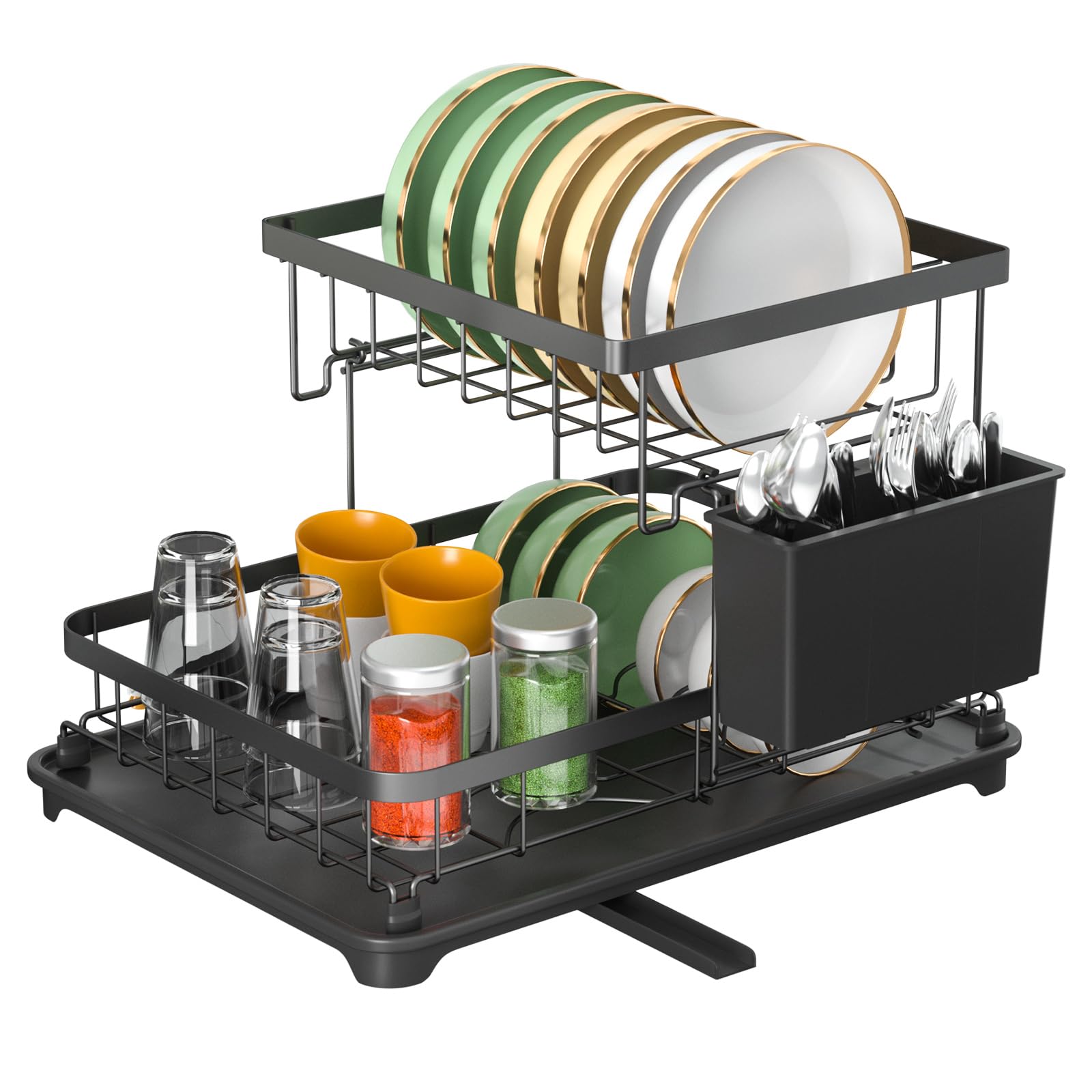 E-MANIS Escurreplatos,Pequeño Escurridor de Platos de 2 Niveles,Escurridor de Platos para Fregadero con Drenaje Automático Tamaño 34 x 22 x 26 cm （Compre según Las Necesidades de tamaño）