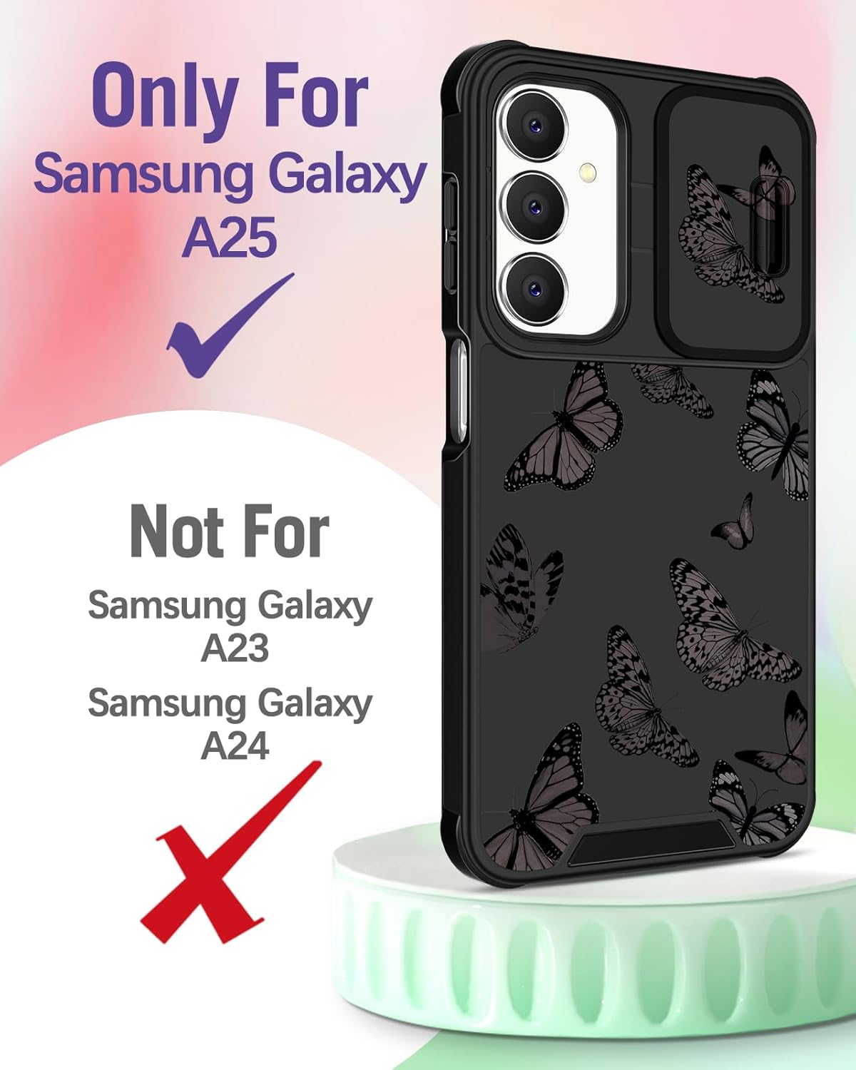 for Samsung Galaxy A25 5G Phone Case - [2in1] Women Cute Girls Phone Cover Girly Black Butterfly Design Camera Cover Compatible with MagSafe Ring Holder Stand for Samsung A25 5G Cases 6.5” - Image 2