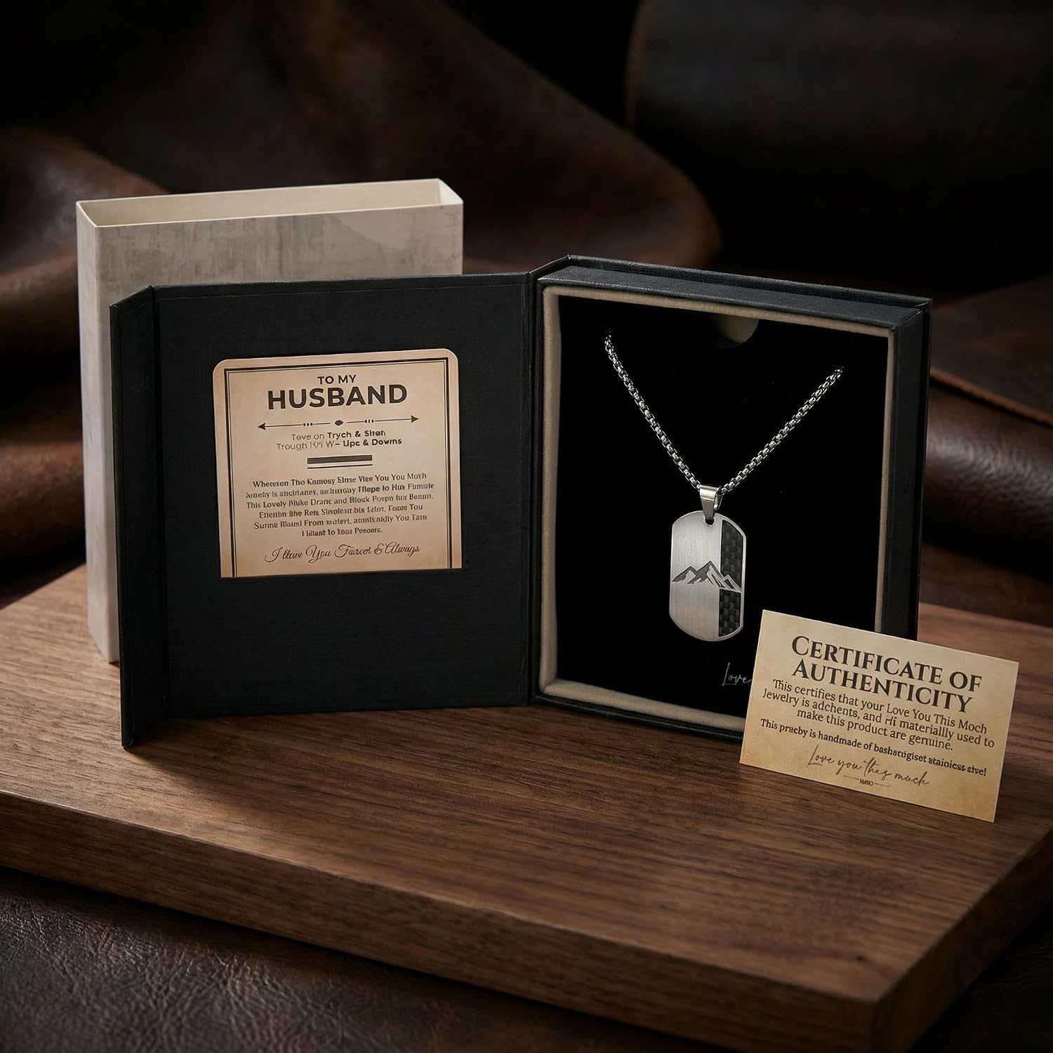 Love You This Much Through Thick and Thin Dog Tag Necklace for Husband | Genuine Carbon Fiber & 316L Surgical Steel | Birthday Gift for Husband | 22.5" Chain Length with Luxury Gift Box