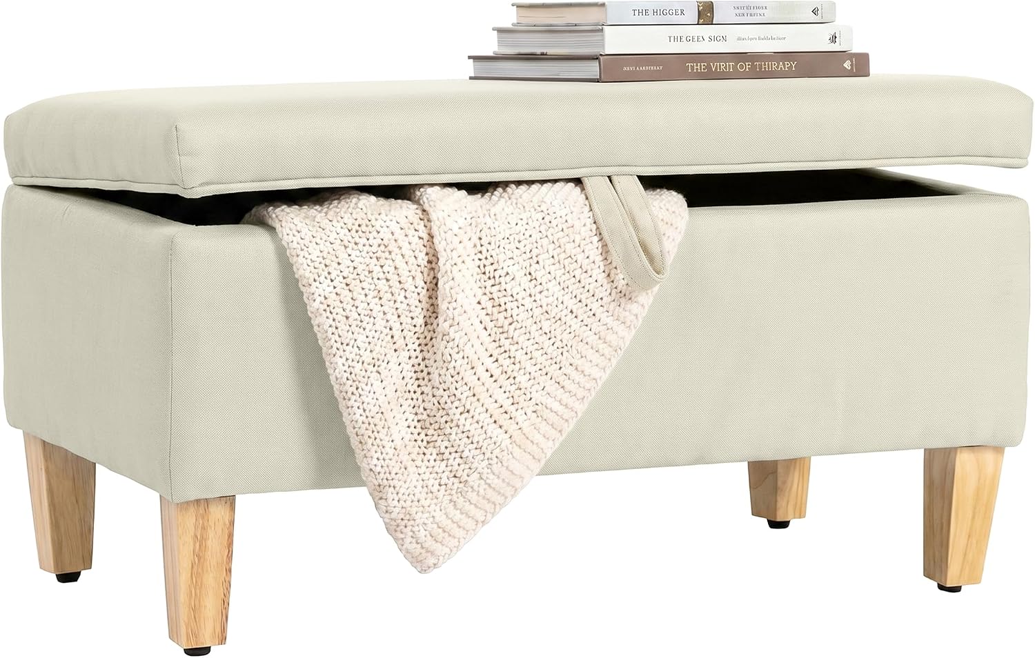 HOMCOM Banco de Almacenamiento para pie de Cama, 71x37x36cm, Beige Reposapiés, tapizado en lino, patas de madera de caucho, para salón, dormitorio, entrada