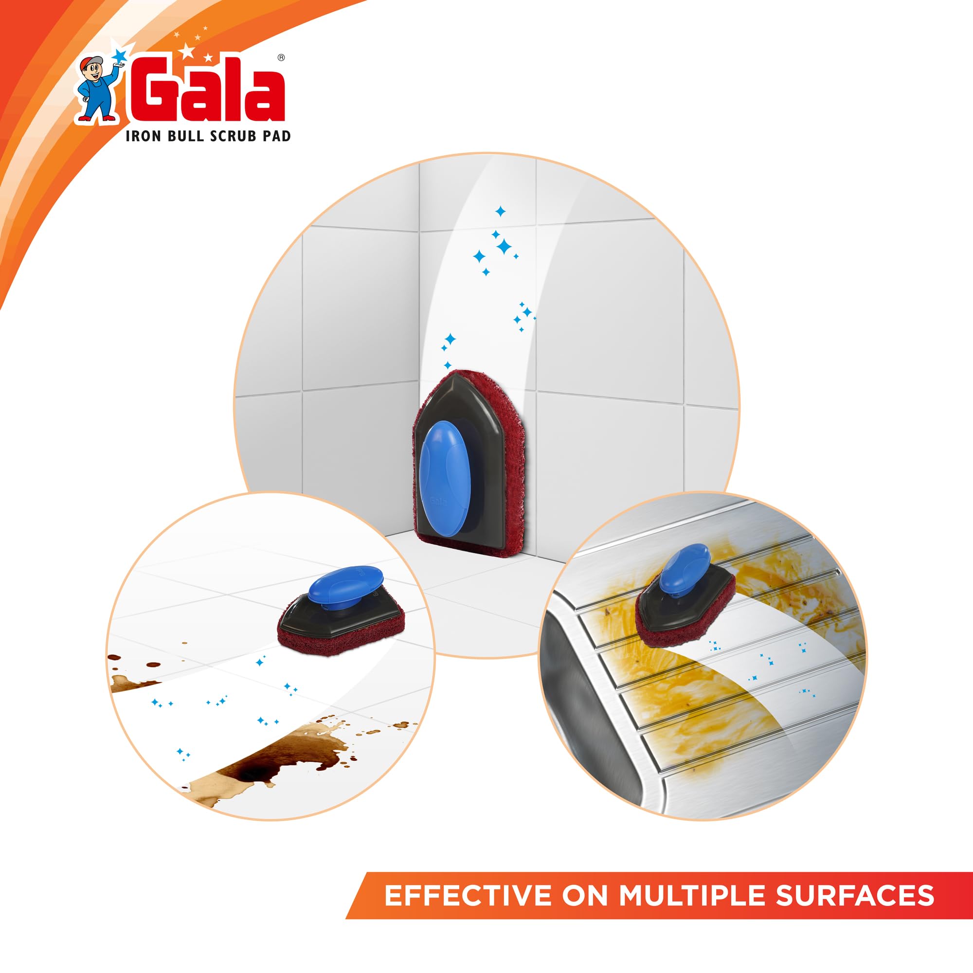 Gala Iron Bull Floor Scrub Pad, Bathroom Tile and Floor Cleaning Brush, 1 Piece with Plastic Handle 4