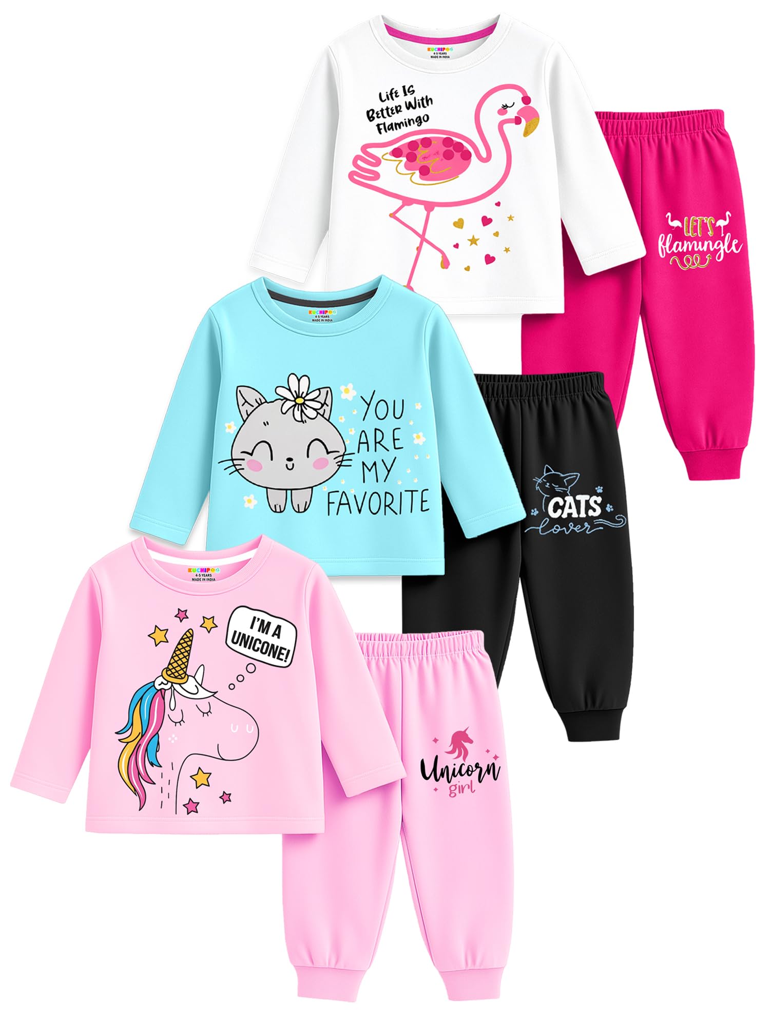 kuchipoo Girls Cotton T-shirts & Pajamas Set | Full Sleeve Printed Top & Pajama | Soft & Breathable Sleepwear | Comfortable Elastic Waist | Pack of 3-picture-32
