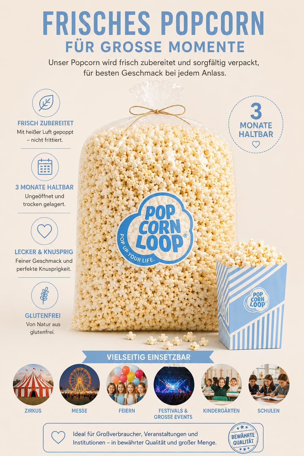 Popcornloop Sac de Popcorn Salé incluant 35 sachets de pop-corn gratuits Offerts Frais et Prêt à consommer pour Fêtes Événements Manifestations Festivals (Salé, 1,4)