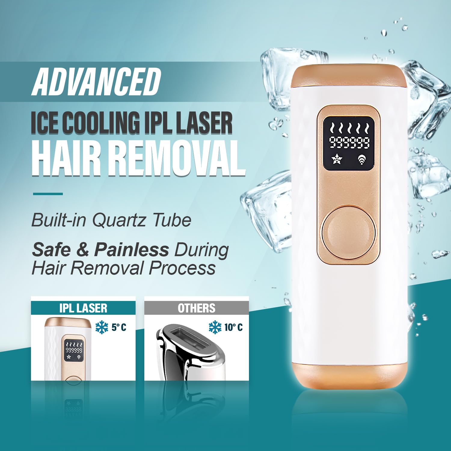 Herbishh At-Home Hair Reduction Handset with Cooling Care, Adjustable Intensity Levels, Dual Modes Auto & Manual, Quartz Tube Light-Based Personal Grooming Tool for Face & Body, White