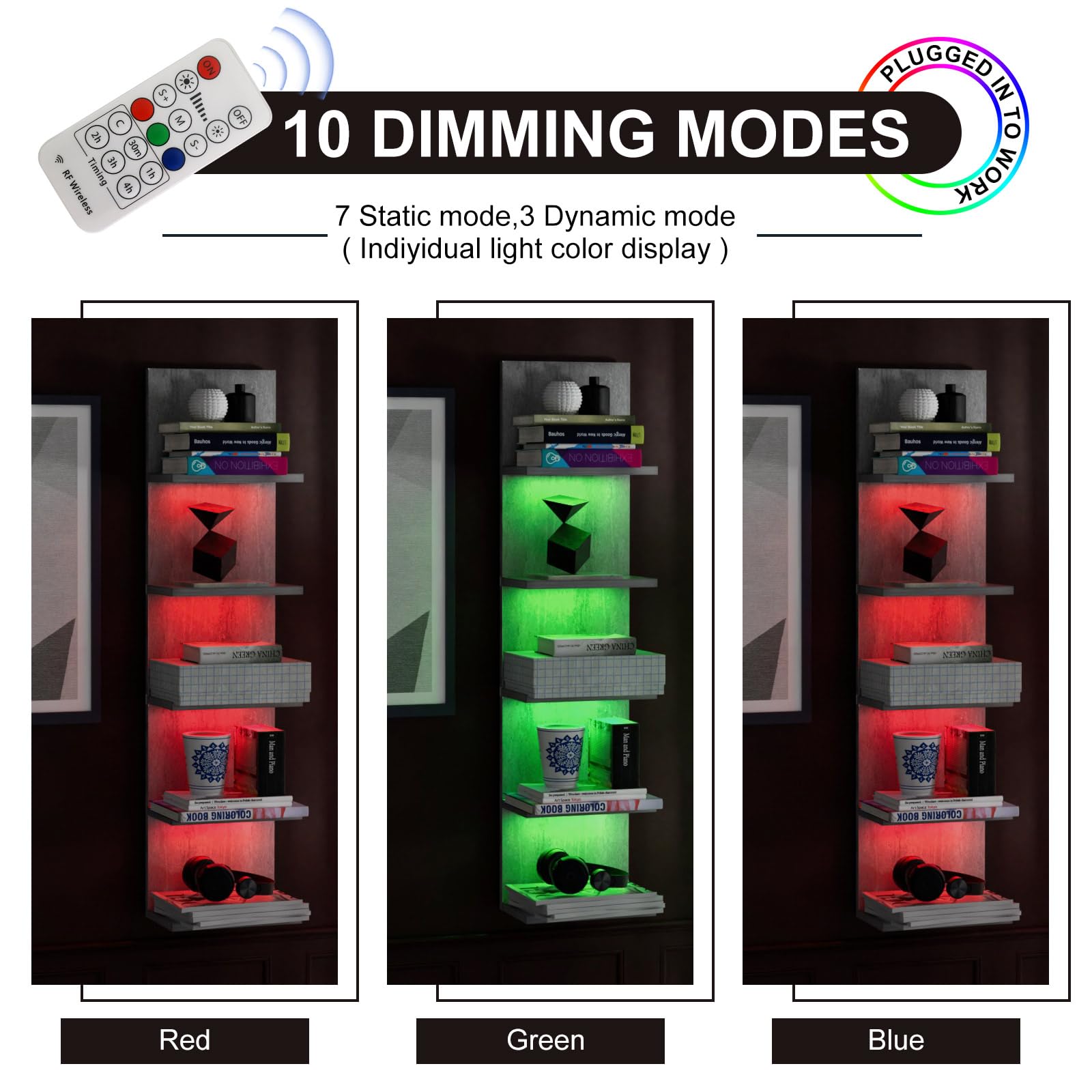 VIWODS Estantería de pared de 5 niveles con luz RGB, estante flotante para almacenamiento de pared, estante vertical montado en la pared con control remoto para dormitorio, sala de estar, tocador