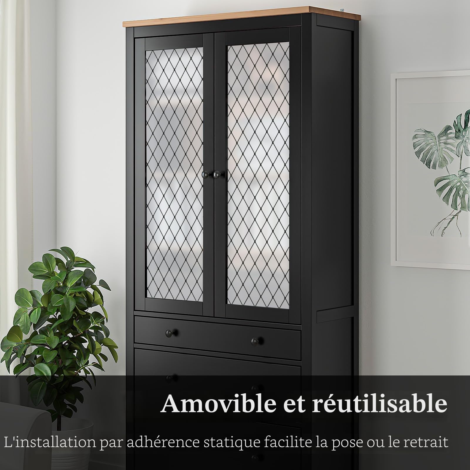 Film Dépoli pour Vitre à Treillis Noir, Film Intimité, 90x400cm | Film de Vitrage Dépoli Répositionnable, Film Décoratif pour Vitre, Électrostatique, Anti-UV pour Maison, Bureau