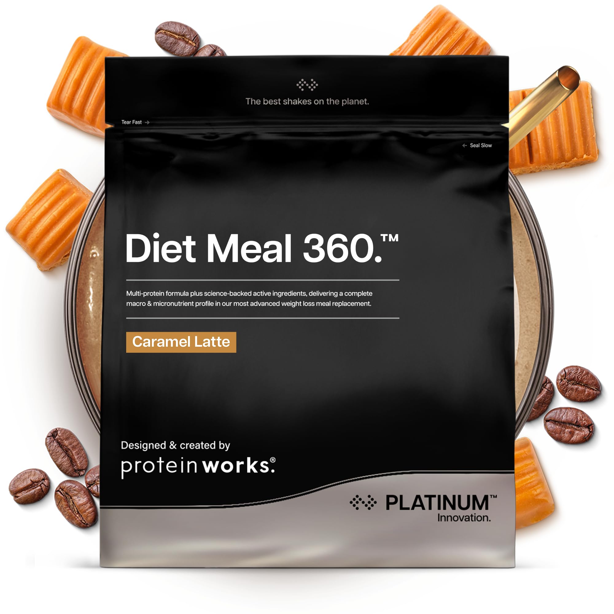Protein Works | Diet Meal 360 - PLATINUM Innovation, Diet Meal Replacement Shake, Supports Weight Loss, 26 Vitamins & Minerals, Added Flaxseed, Inulin, Omega 3, Caramel Latte, 16 Meals, 1kg