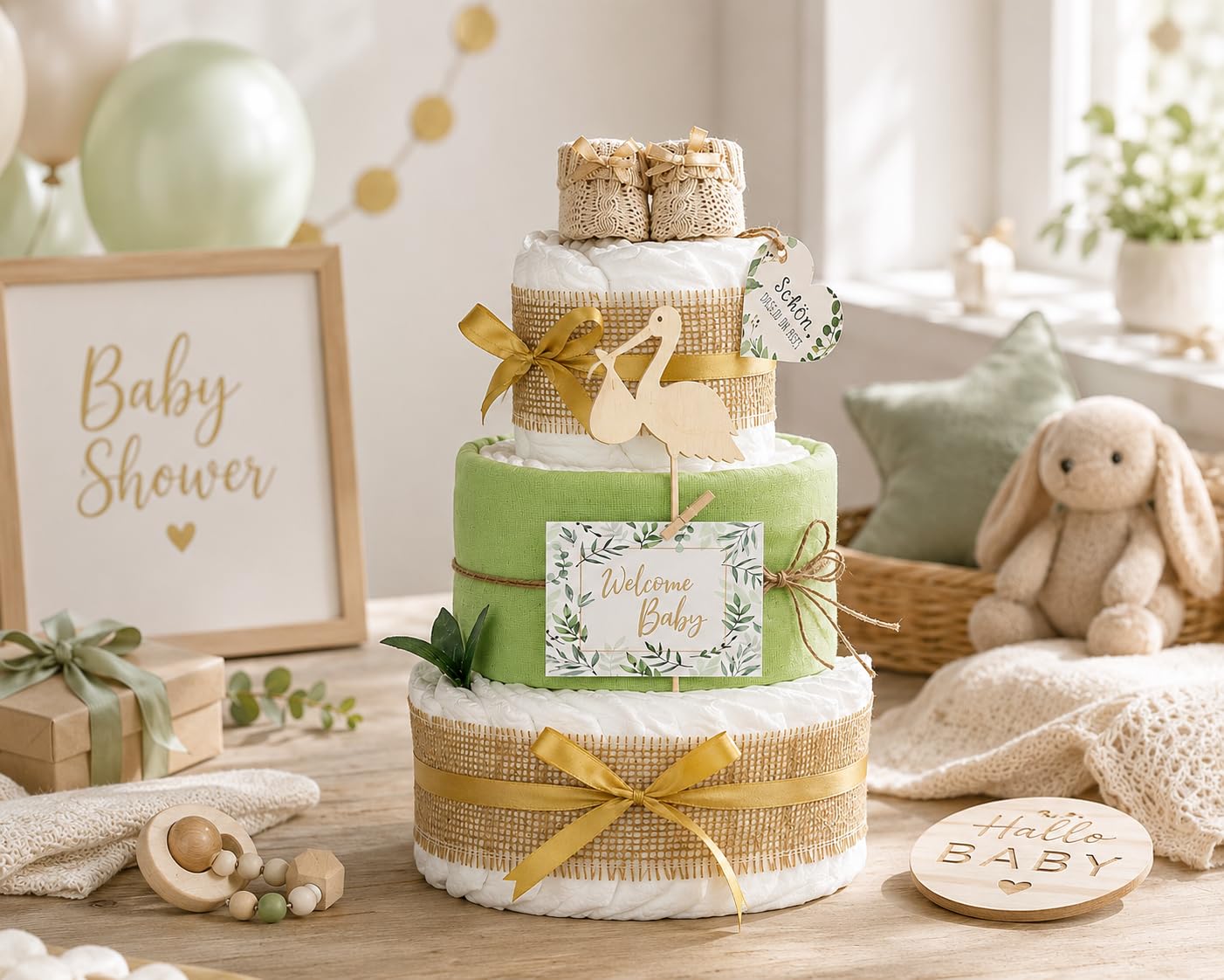 Premium Windeltorte Storch mit Bündel | inkl. Babybooties und Mullwindel | 3-stöckig (grün)