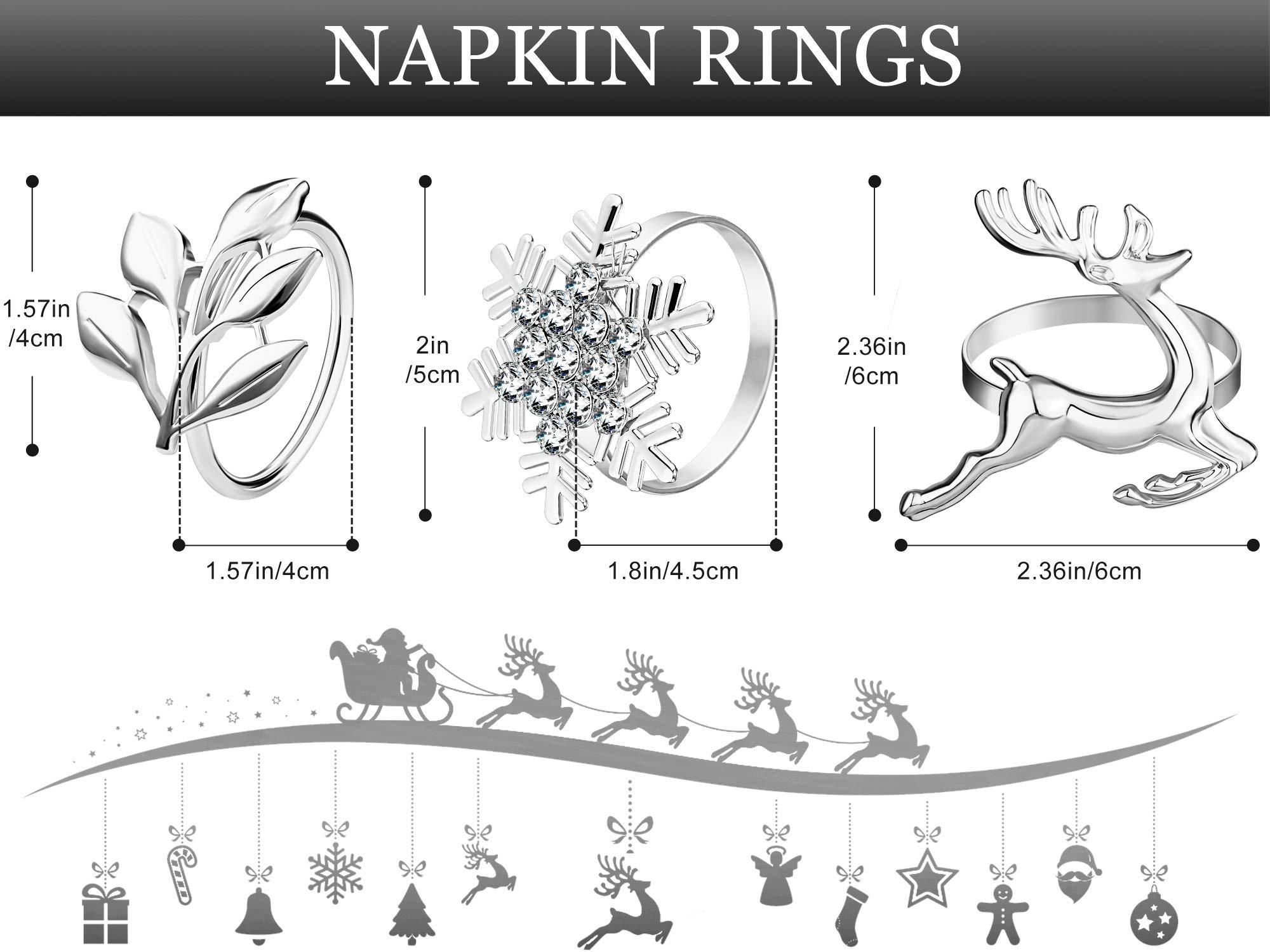 Patelai 6 Pcs Christmas Napkin Rings - Silver Metal Leaf, Reindeer & Snowflake Designs
