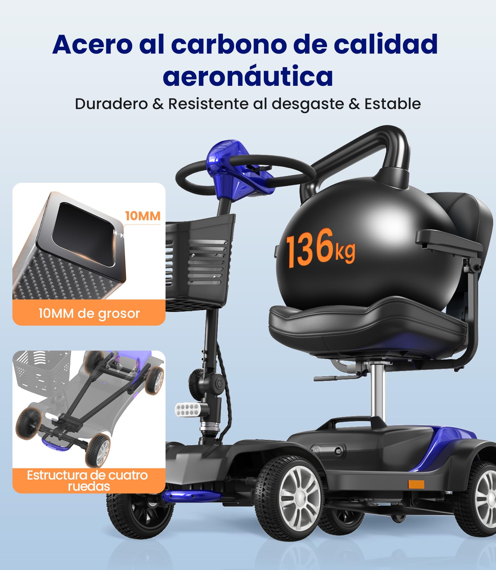 VOCIC D51 Scooter de movilidad de 4 ruedas Estable 136KG,Movilidad scooter plegable para personas mayores de alcance de 15KM con Neumáticos Antipinchazos para todo terreno,apoyo 5 Años| Azul