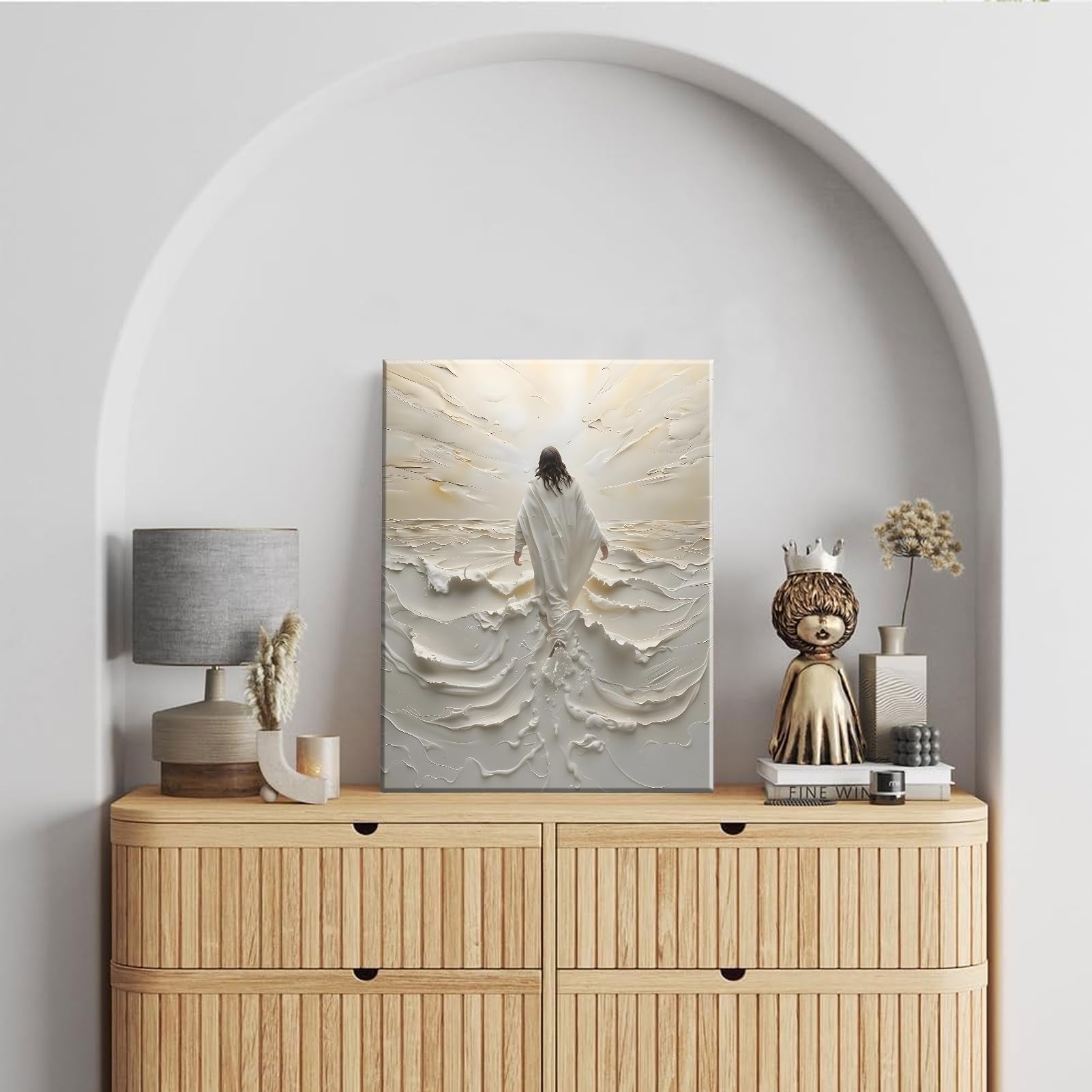 Abstract Jesus Walking on Water Canvas Wall Art Christian Spiritual Wall Decor Pictures Divine Light Modern Religious Posters Prints for Living Room Bedroom Church Decoration 12x16in