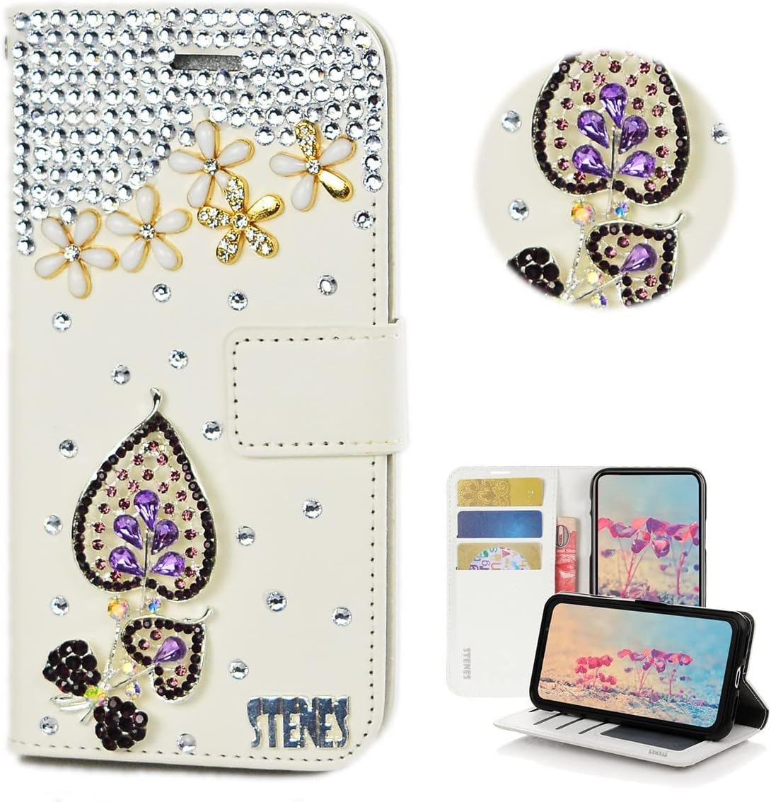 STENES Bling Wallet Phone Case Compatible with iPhone 14 Pro Max - Stylish - 3D Handmade Windmill Flowers Floral Design Leather Cover with Neck Strap Lanyard & Screen Protector - Blue