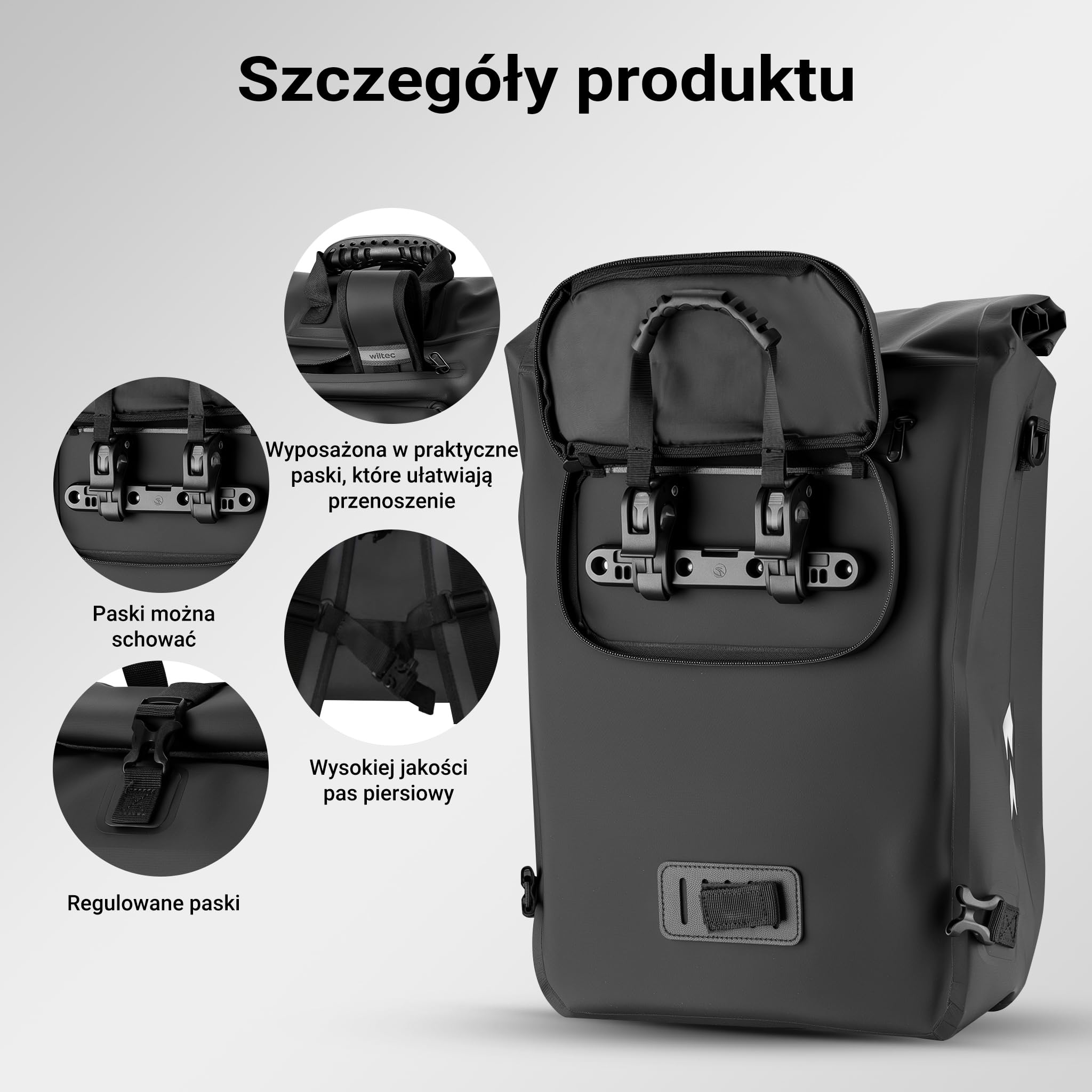 Wiltec Torba rowerowa 3w1 wodoodporna o pojemności 25 l, czarna, z funkcją plecaka i torby na ramie, na zamek zatrzaskowy