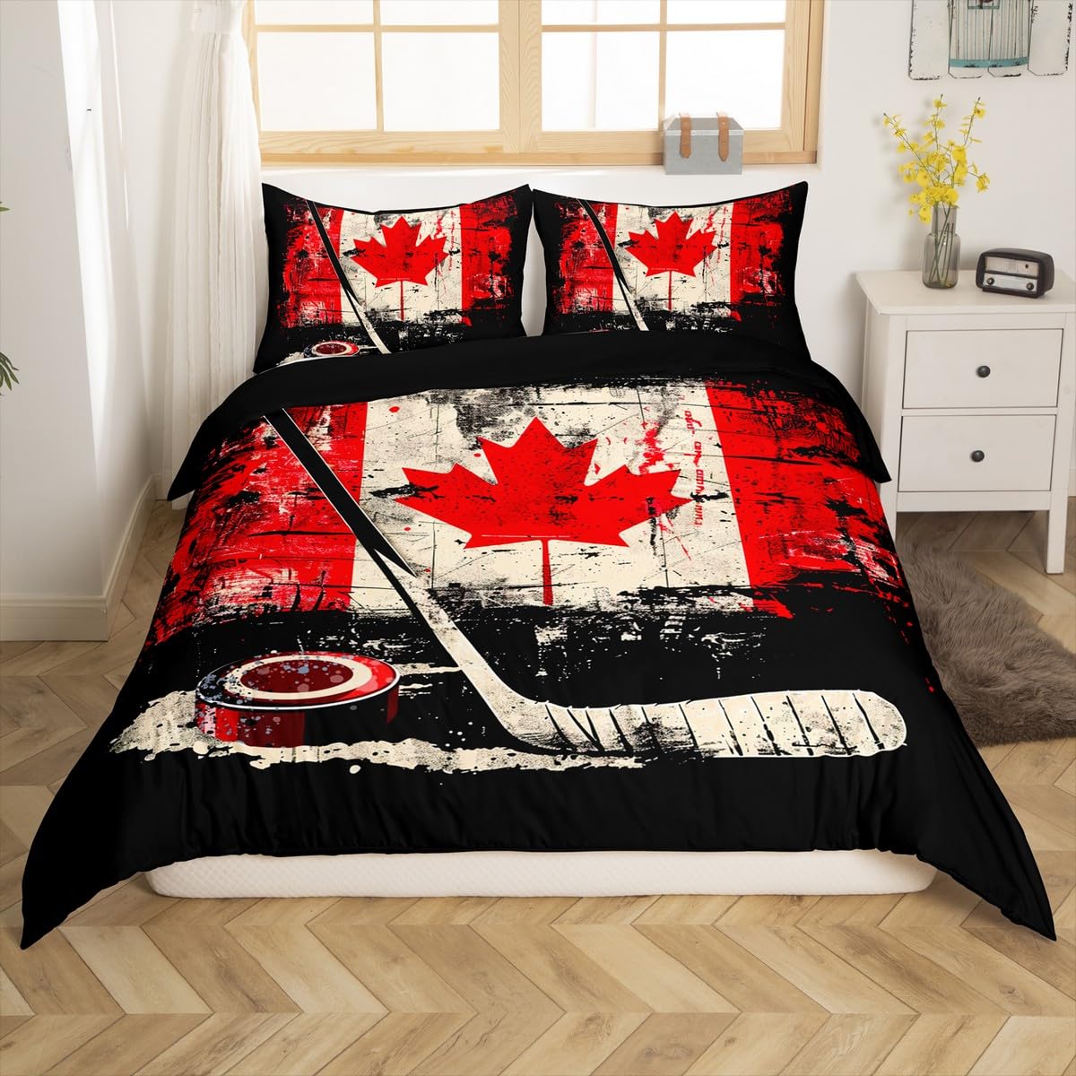 Homemissing Kids Ice Hockey Bedding Set Double Size Canada Flag Duvet Cover for Boys Girls Winter Sports Comforter Cover Set Bedspread Cover Room Decor,1xDuvet Cover+ 2xPillow Shams - Image 4
