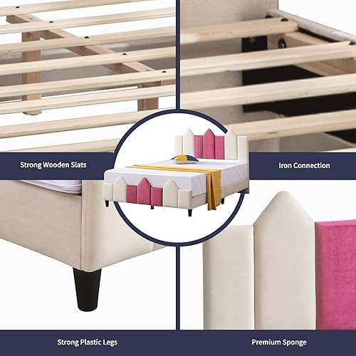 Miniatura 6 de ZAFLY - Marco de cama individual para niños, estilo único de castillos perfecto para la habitación de los niños, cabecera tapizada y estribo con