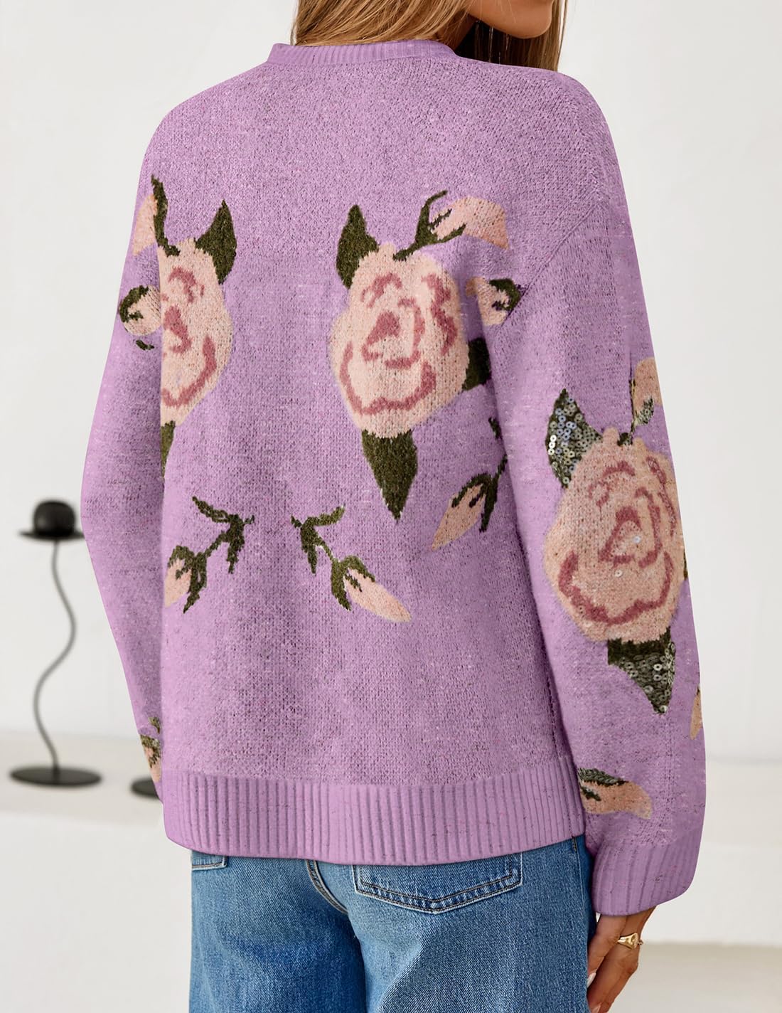 ZESICA Women's Floral Oversized Sweaters 2026 Fall Crewneck Long Sleeve Casual Chunky Knit Pullover Sweater Tops - Image 3