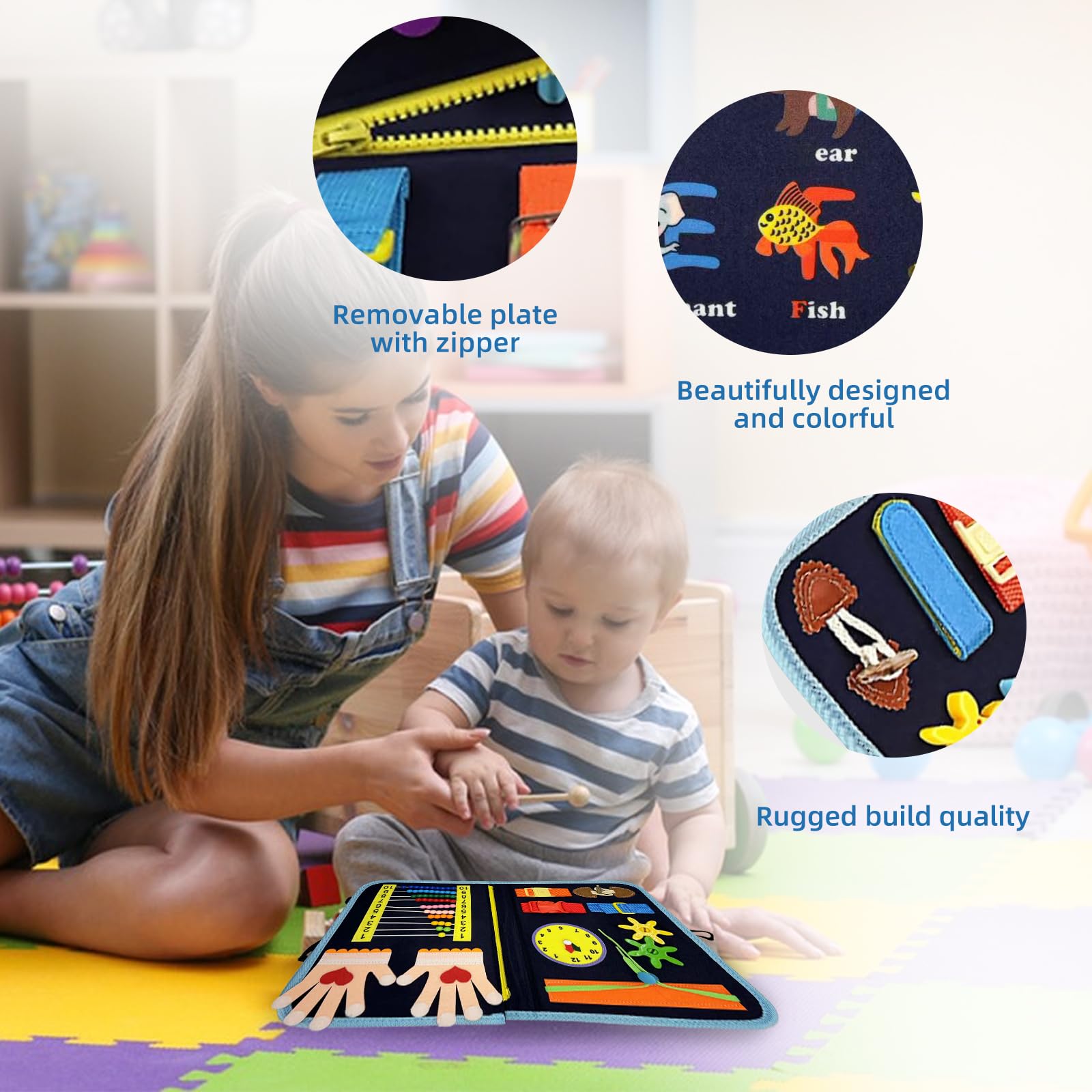 Dado sensoriale, scheda di apprendimento, legare scarpe, bottoni, coperta di movimento