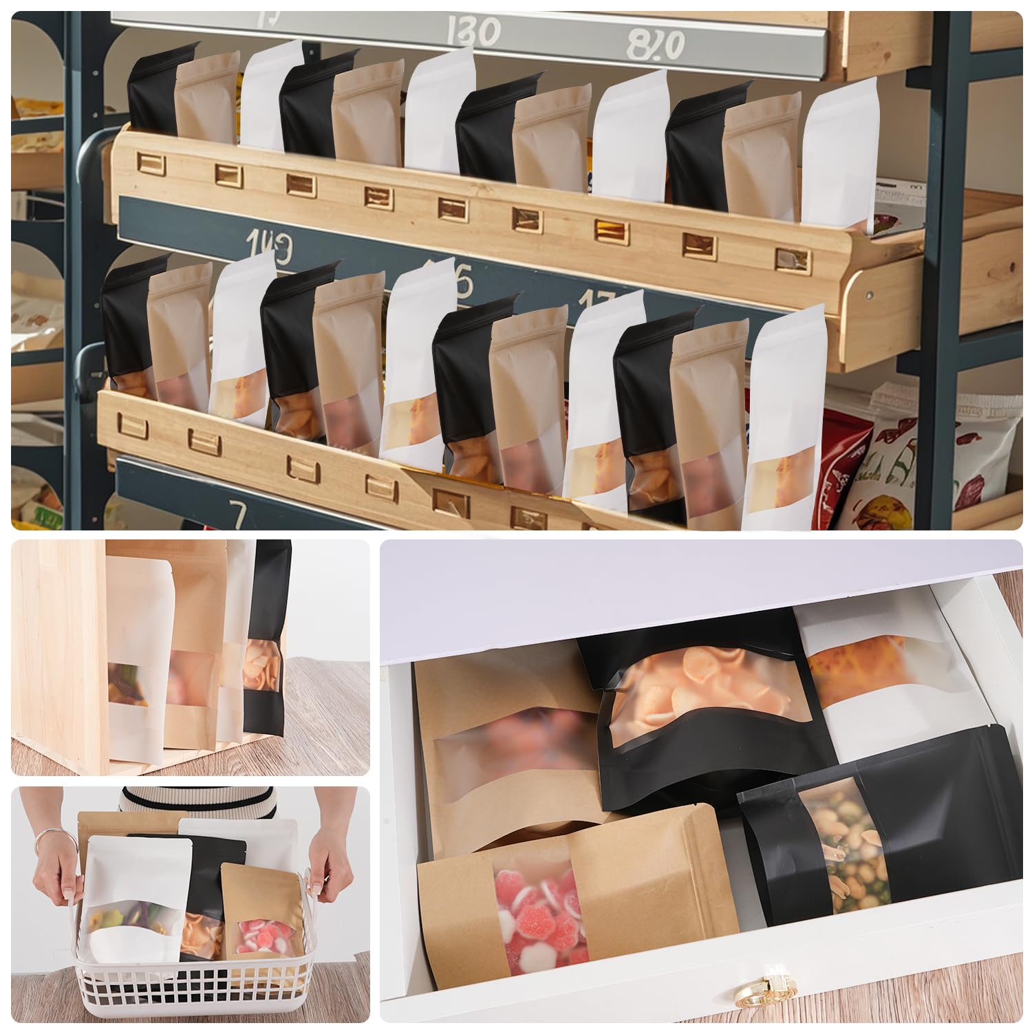 Bolsas De Pie De Papel Kraft Marrón Y Blanco Con Cremallera Para Envasado De Alimentos Con Ventana - China Bolsas De Ropa, Bolsas De Fondo Plano