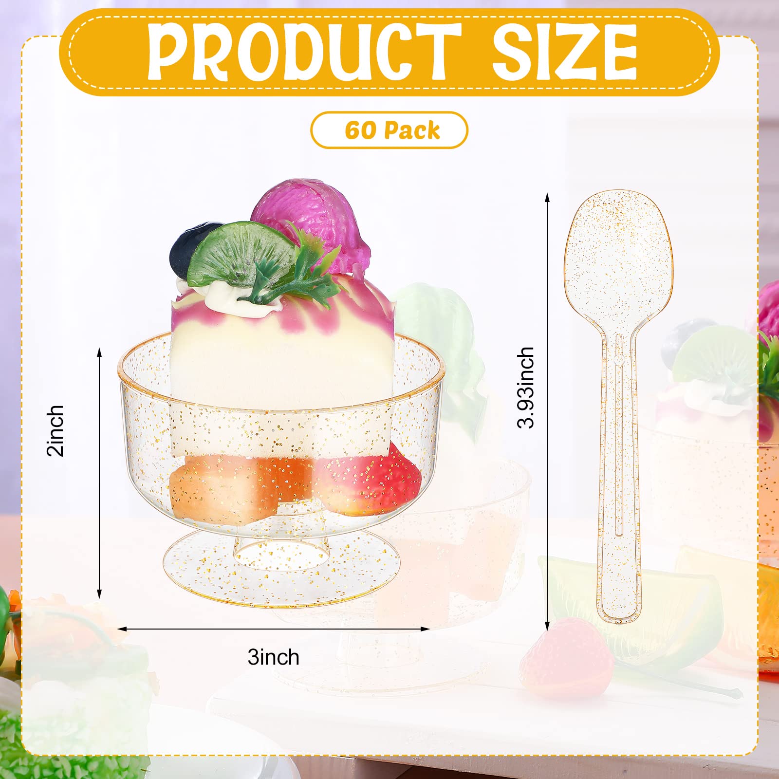 60 Set Gold Dessert Cups with Spoons 5 oz Glitter Disposable Plastic Cups Mini Ice Cream Appetizer Bowls Wine Goblets for Wedding Party Supplies