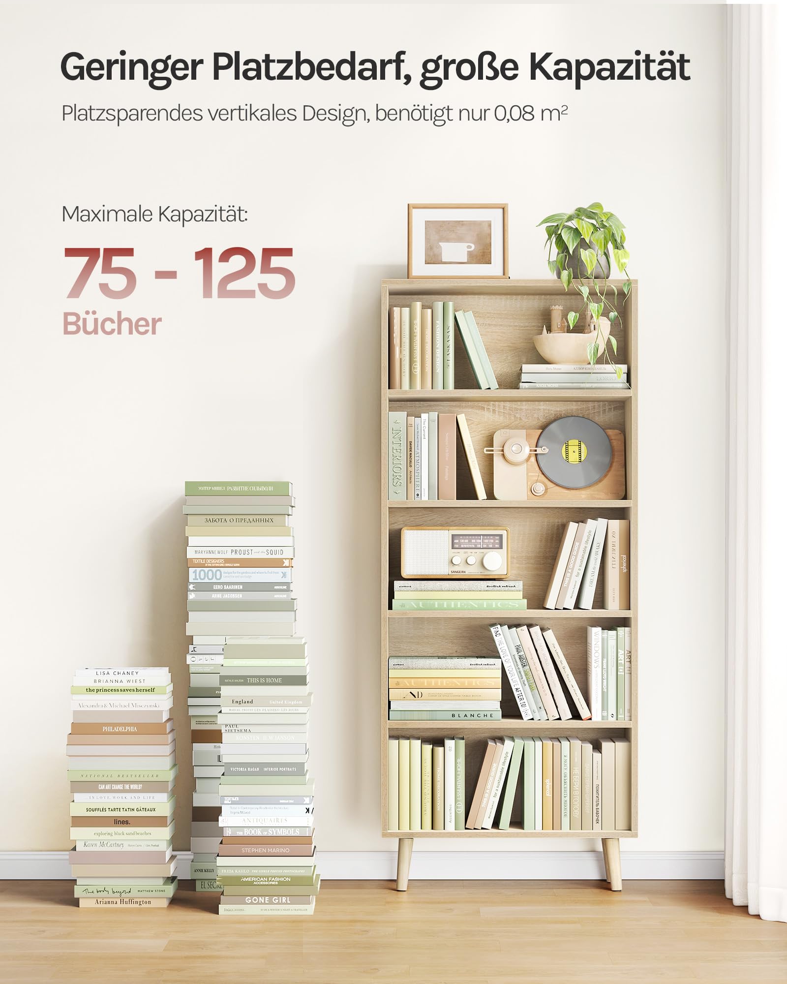 WOLTU Bücherregal Bücherschrank mit 5 Fächern, Standregal Aufbewahrungsregal Büroregal Aktenregal, offenes freistehendes Regal, für Wohnzimmer Küche Büro, helle Eiche, 60x144x24 cm, SK022hei