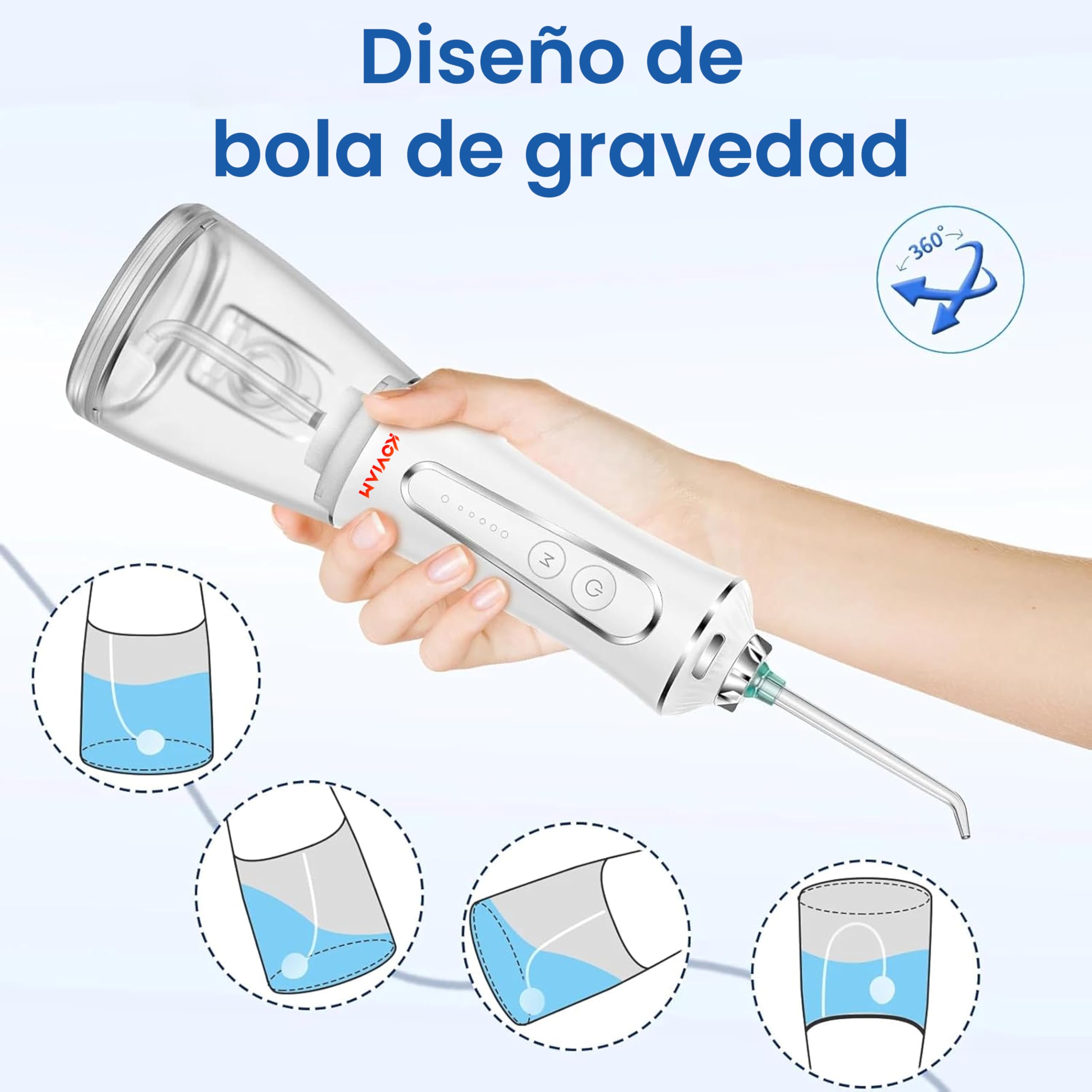 Irrigador bucal portátil con 5 Modos de potencia y 6 boquillas, 1200 Pulsos/min, IPX7, Carga USB-C, Boquilla 360°, Bola Gravitatoria, Limpieza Dental Profunda, Ortodoncia y Encías