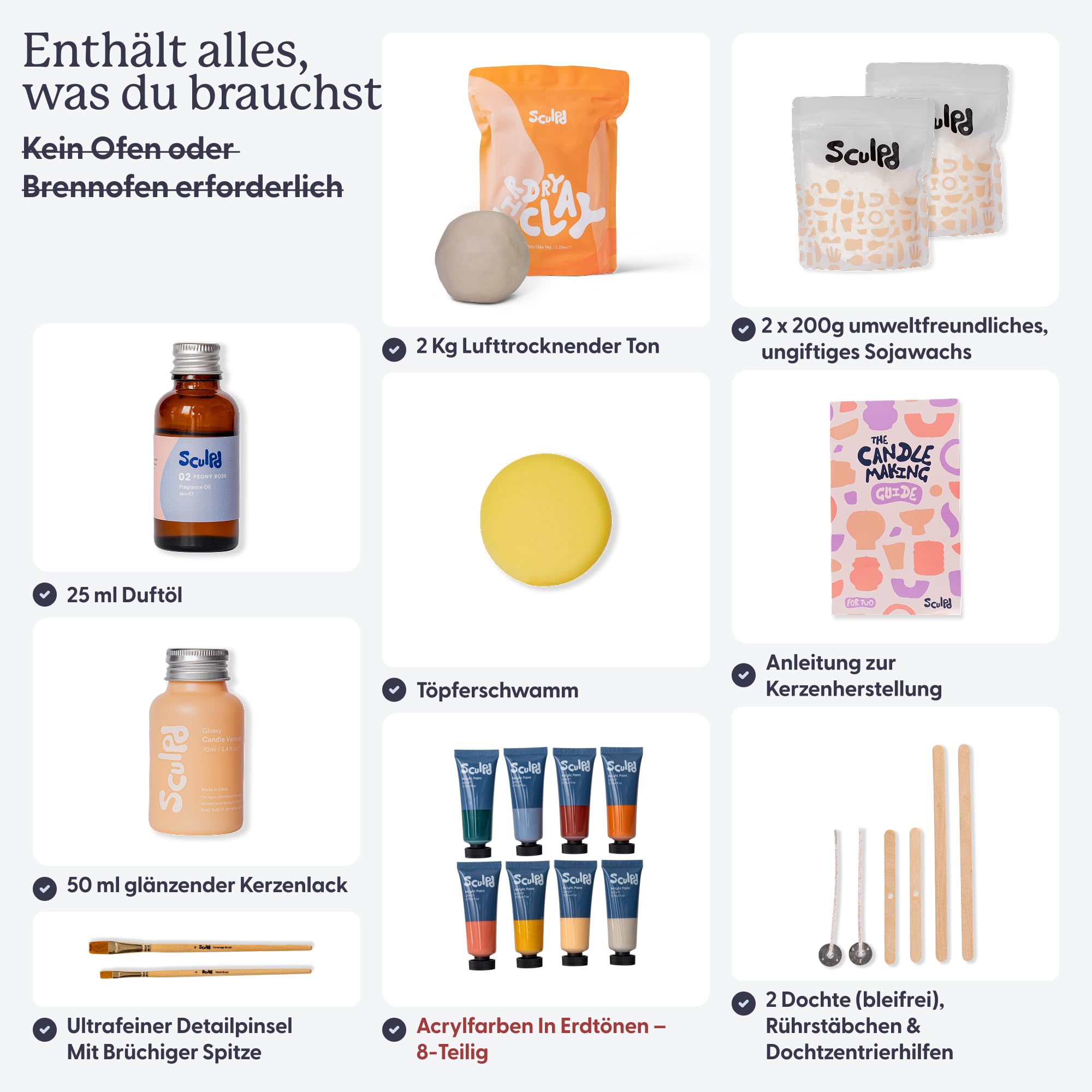 Sculpd Kerzenherstellung Töpferei Kit mit lufttrockenem Ton und Acrylfarbe Set, Anfänger Kerze Starter Kit für Erwachsene mit ungiftigem Öko-Sojawachs, duftendem Duftöl, Kerzenlack, Werkzeugen und
