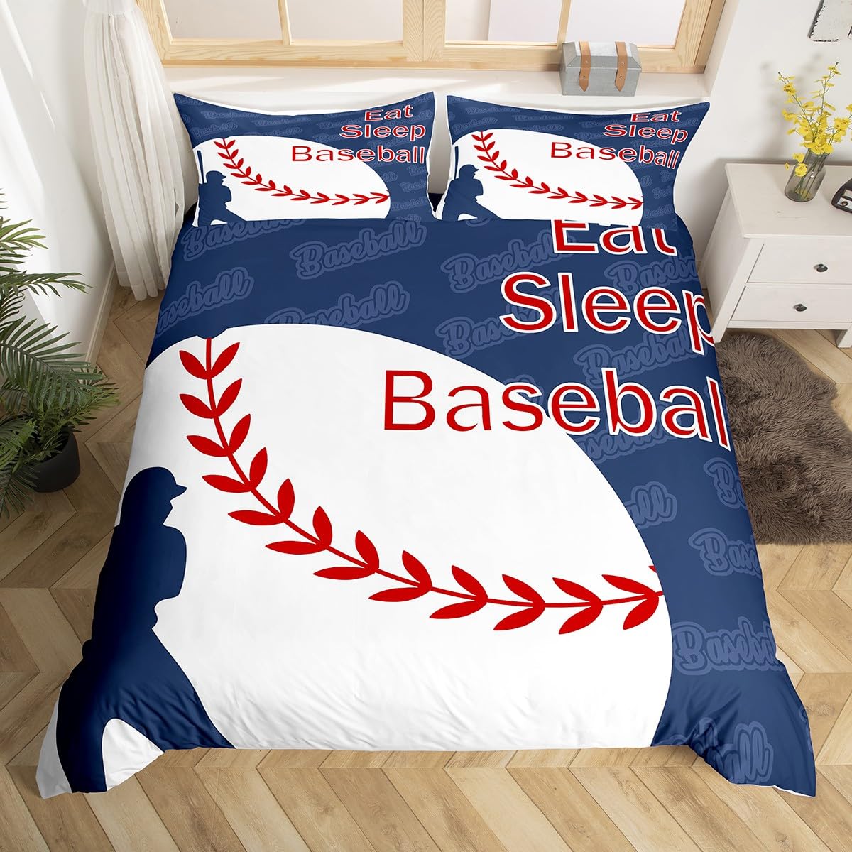 Homewish Kids Baseball Bedding Set Single,Navy Blue White Baseball Duvet Cover for Boys Girls Room Decor,Sports Theme Bed Set Ball Games Gaming Duvet Cover 2Pcs (No Comforter)
