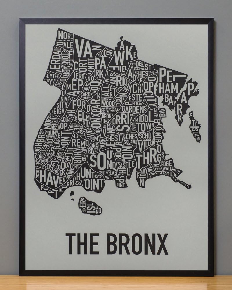 Ork Posters Bronx Neighborhoods Map Art Screen Print, Navy & Tan, 18" x 24"