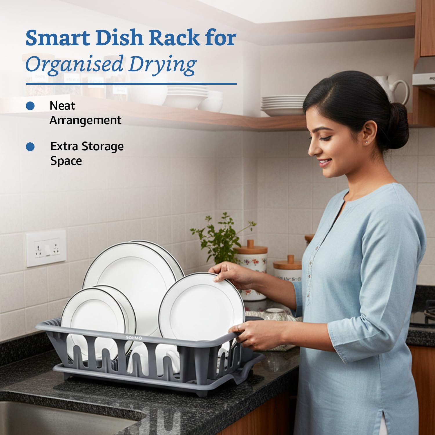 Amazon Brand - Solimo Plastic Kitchen Sink Rack with Drainage Tray | Large | Dish Rack Organiser | 48 x 35.5 x 13 Cm | Grey 3