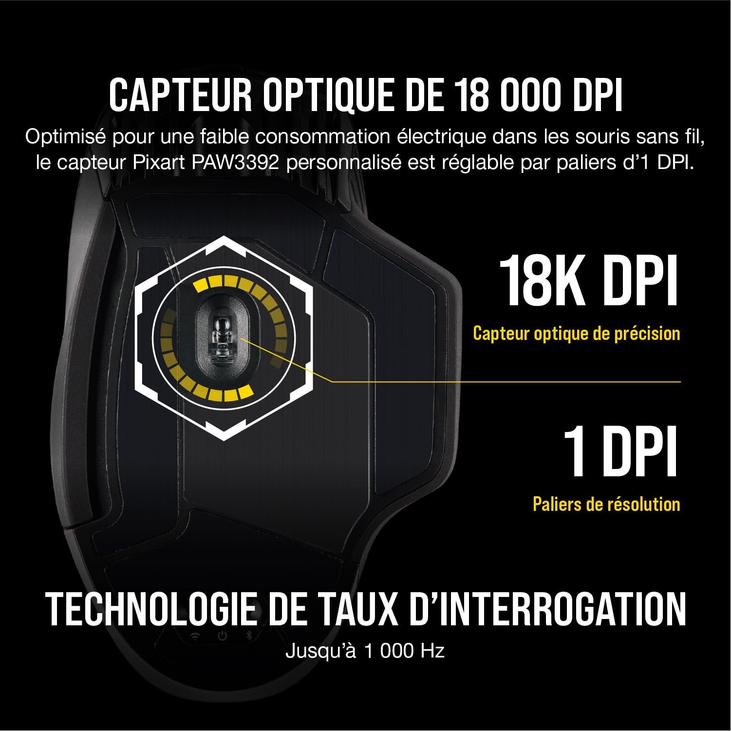 Corsair DARK CORE RGB PRO SE Souris gaming sans fil FPS/MOBA (Technologie SLIPSTREAM WIRELESS, Rétroéclairée RGB LED, 18 000 DPI Certifiée Charge sans fil Qi) Noir
