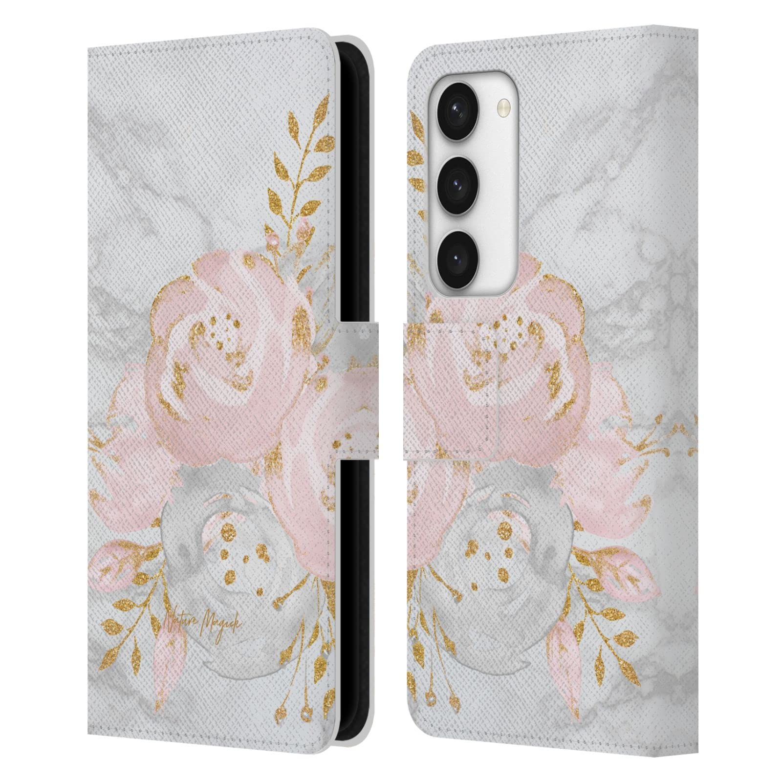 Carcasa de cuero tipo libro Samsung Galaxy S23 5G Nature Magick flores purpurina rosa y mármol 7