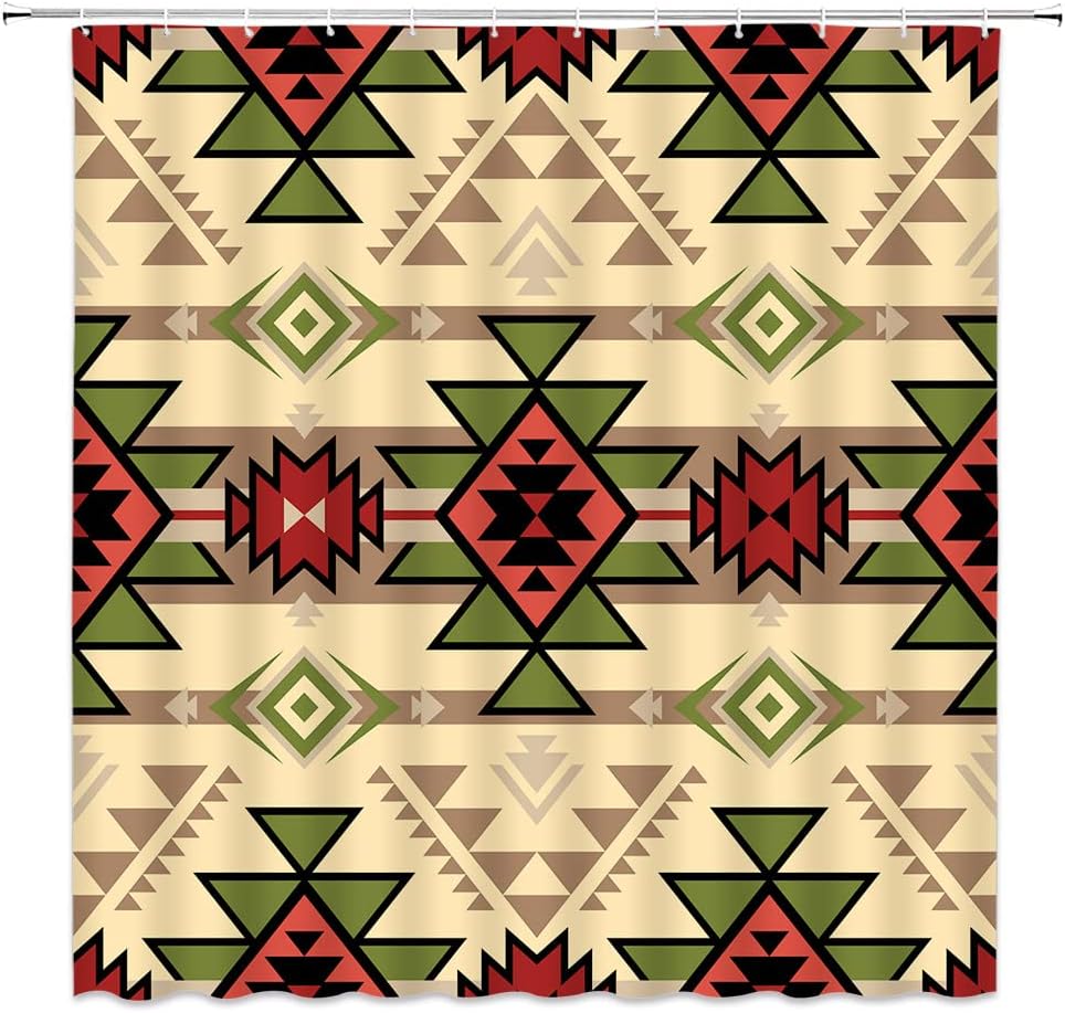 GCTNBJL Aztec Shower Curtain Southwestern Tribal Retro Native American Ethnic Navajo Vintage Abstract Geometric Boho Southwest Colorful Hipster Bathroom Curtain with Hooks,Green Red Beige