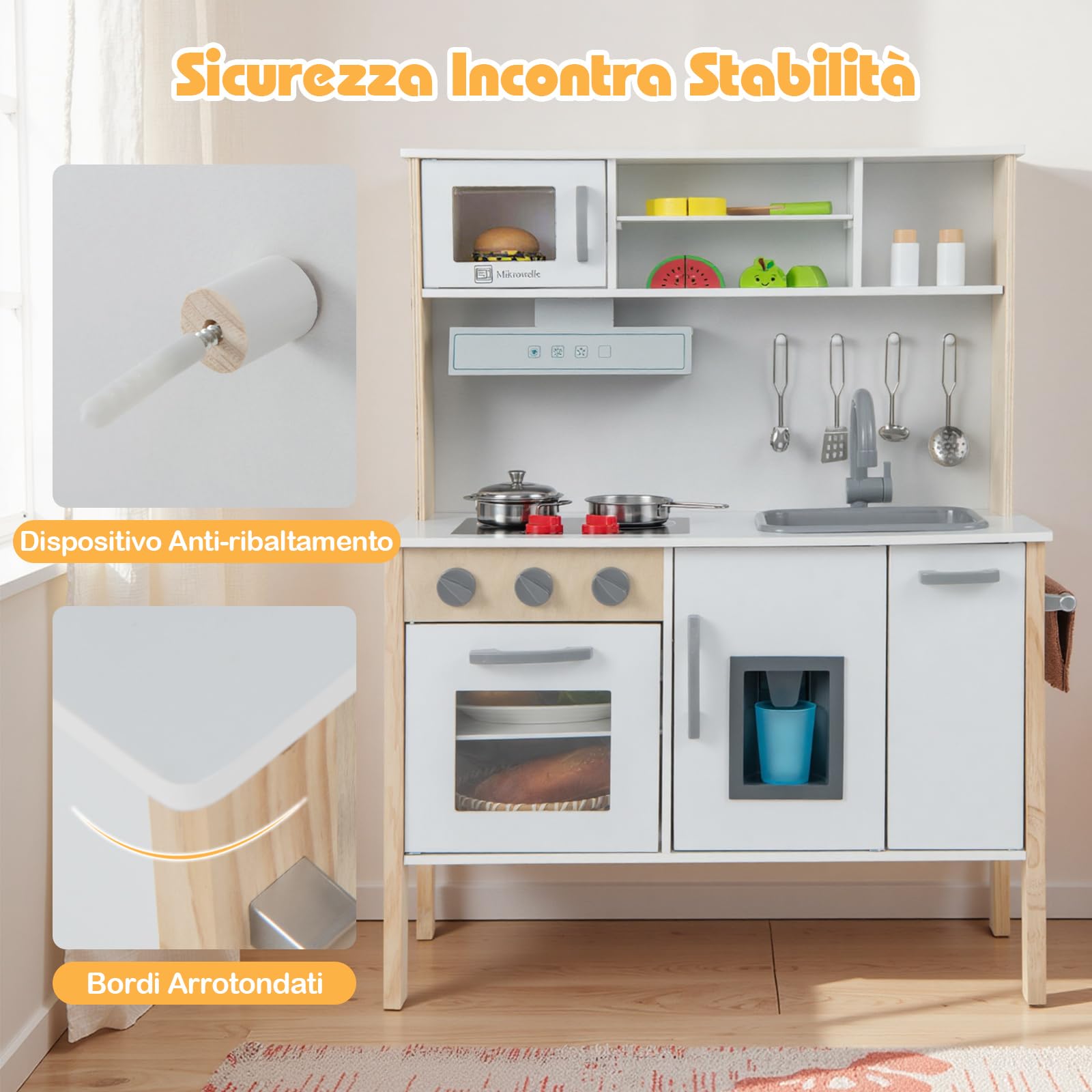GYMAX Cucina Giocattolo per Bambini, Set da Cucina in Legno Imitazione con Lavello Rimovibile, Cappa da Cucina e Fabbricatore di Ghiaccio, 18 Accessori Completi, per Bambini da 3 a 6 Anni (Bianco)