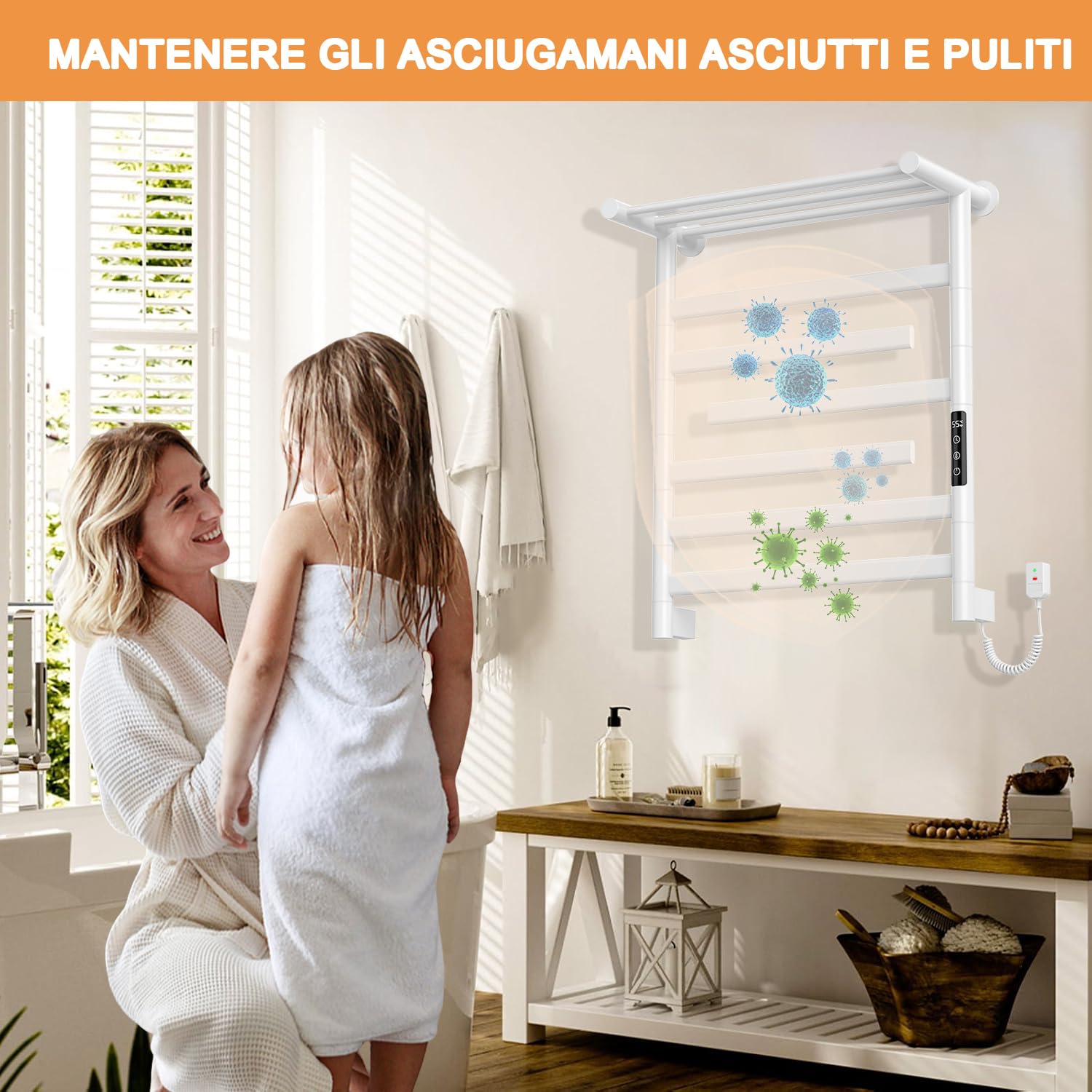 360W Scaldasalviette Elettrico Bagno con ripiano Superiore, Radiatore Scaldasalviette con 5 Barre (3 Barre Girevole 180°), Parete Termoarredo Elettrico, Controllo Tattile 35-70°C, IPX4, Bianco