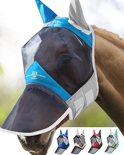 Vista 122 de Harrison Howard CareMaster Pro - Máscara luminosa para mosca de caballo, gran espacio para los ojos, nariz larga con orejas, protección UV para Azul